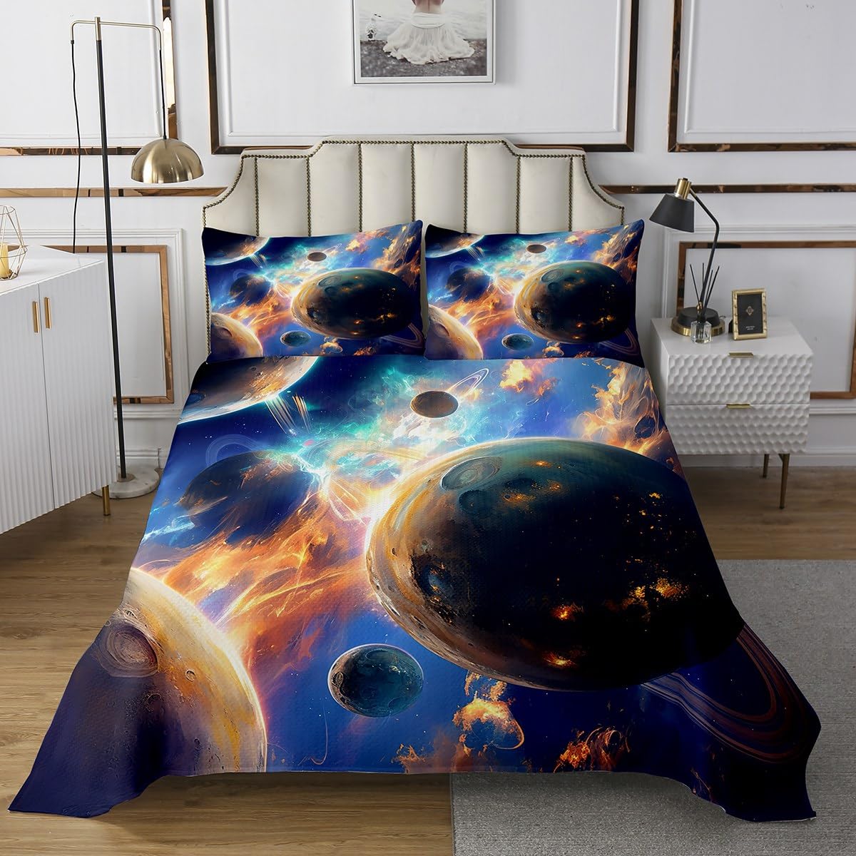 jejeloiu Solar System Coverlet Set King Size Kids Outer Space Quilted Coverlet for Boys Girls Universe Planets Bedspread Galaxy Quilted Room Decorations