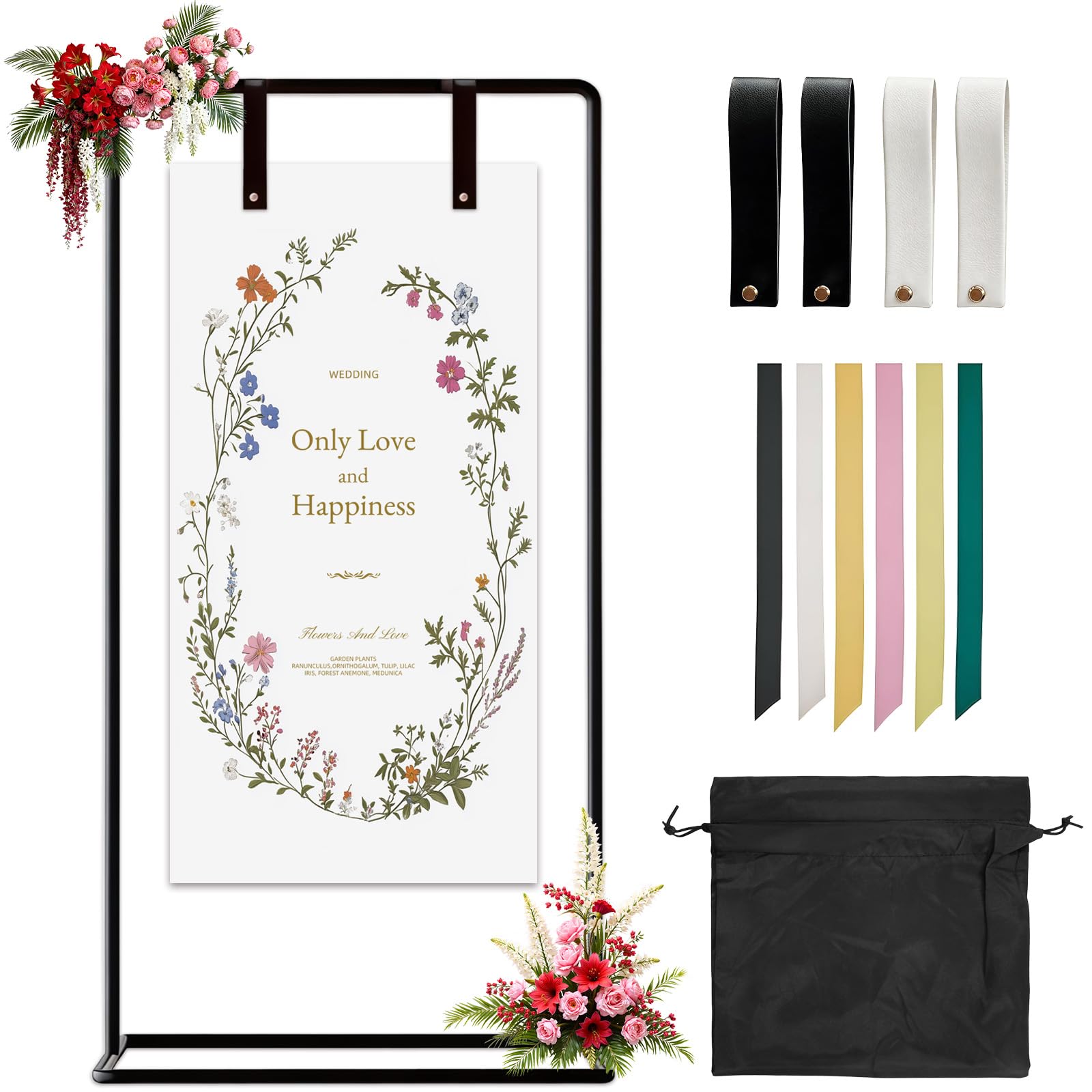 Wedding Welcome Sign Easel Stand for Display, Adjustable Black Easel Stand for Wedding 31.5in*68.9in, with Storage Bag, 6 Ribbons, 4 Leather Straps, Banner Stands for Seating Chart,Posters, and Decor