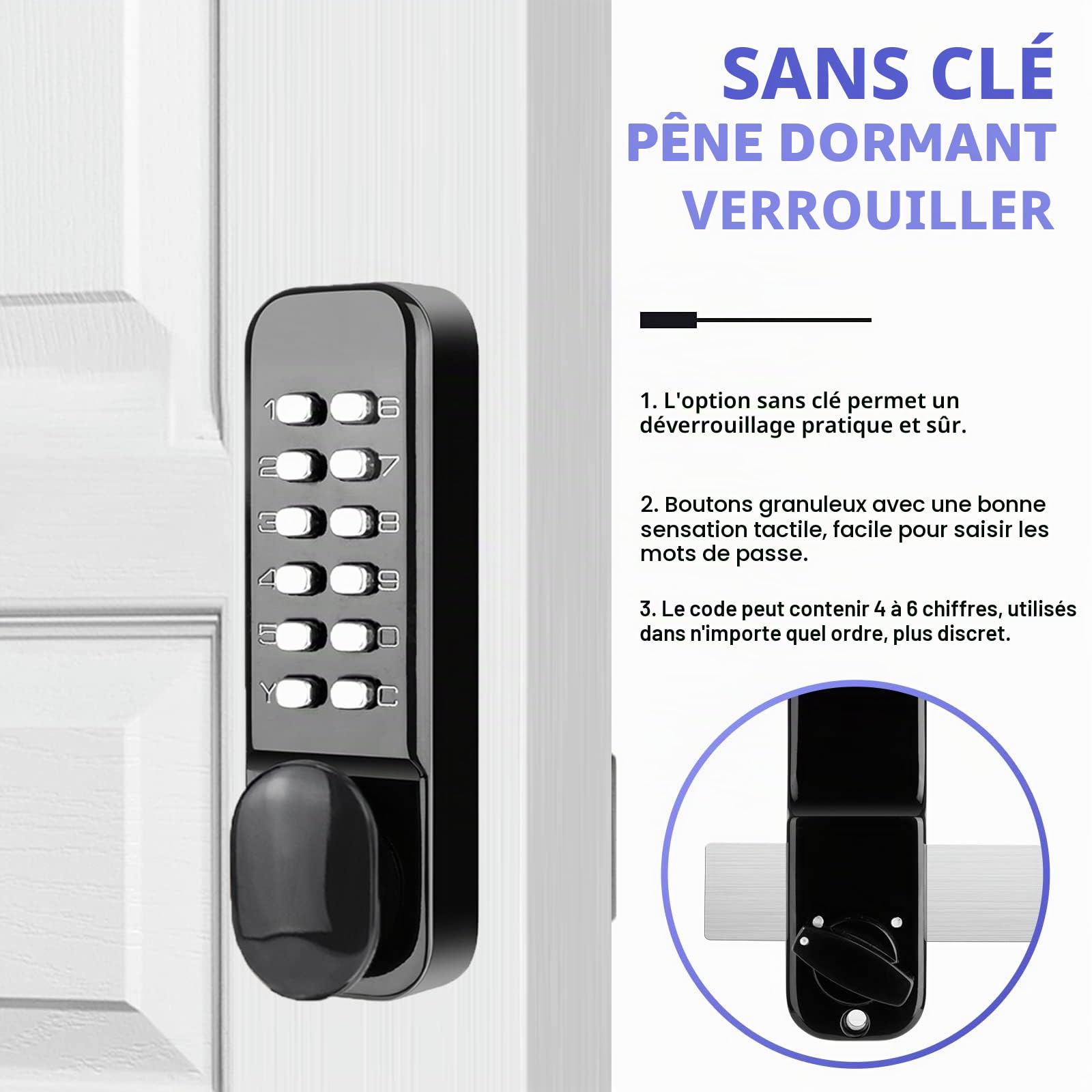 Serrure de porte 100 % mécanique en acier inoxydable avec pavés numériques, serrure de porte d'entrée sans clé, serrure à pêne dormant avec poignée, ensemble de serrures de porte d'entrée à