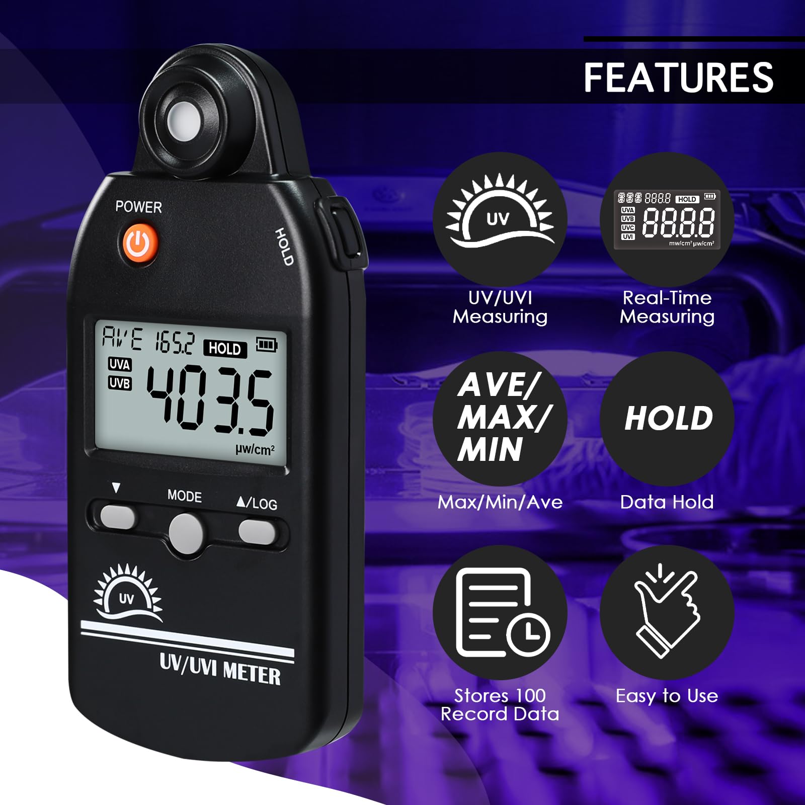 Misuratore UV digitale UVB, 280-400 nm Indice Meter UV con UV e UVI commutabile, campo di misurazione 0-5000 μW/cm² Rilevatore UV con 100 gruppi di dati Record, Indice Meter UV per rettili, ecc.