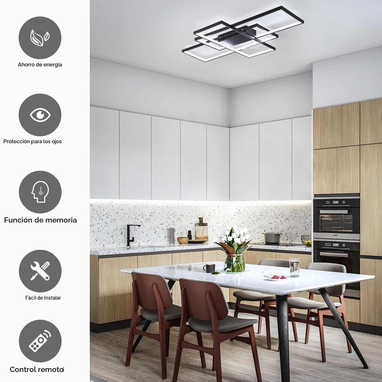 Moderna Lámpara de Techo LED 50W Regulable con Mando, Negro, 90cm | Iluminación Ajustable 3000K-6500K con Memoria, Diseño Rectangular de Aluminio, Perfecta para Salón, Dormitorio y Comedor
