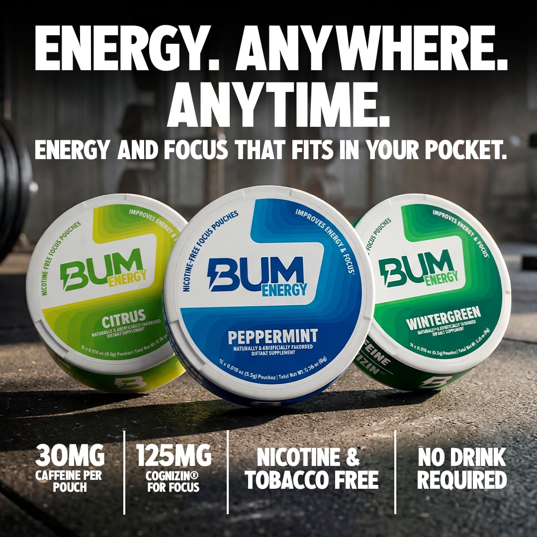 Bum Energy Pouches, Wintergreen, 30mg Caffeine + 125mg Cognizin Citicoline, Clean Energy & Focus, Discreet Oral Energy Pouches, 5 Packs of 16 Count — Amazon image 3