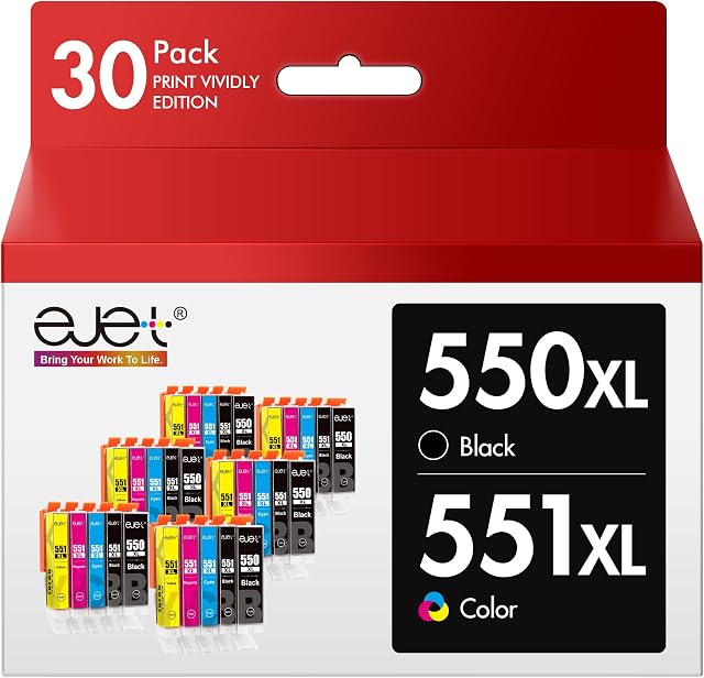 ejet 550XL Replacement for Canon PGI-550 CLI-551 Ink Cartridges Compatible for Pixma iP7250 MG5650 MX925 iX6850 MG5550 MG5450 MG6650 MX920 MG5400 MG6450 MG7500 (Black Cyan Magenta Yellow, 30-Pack)