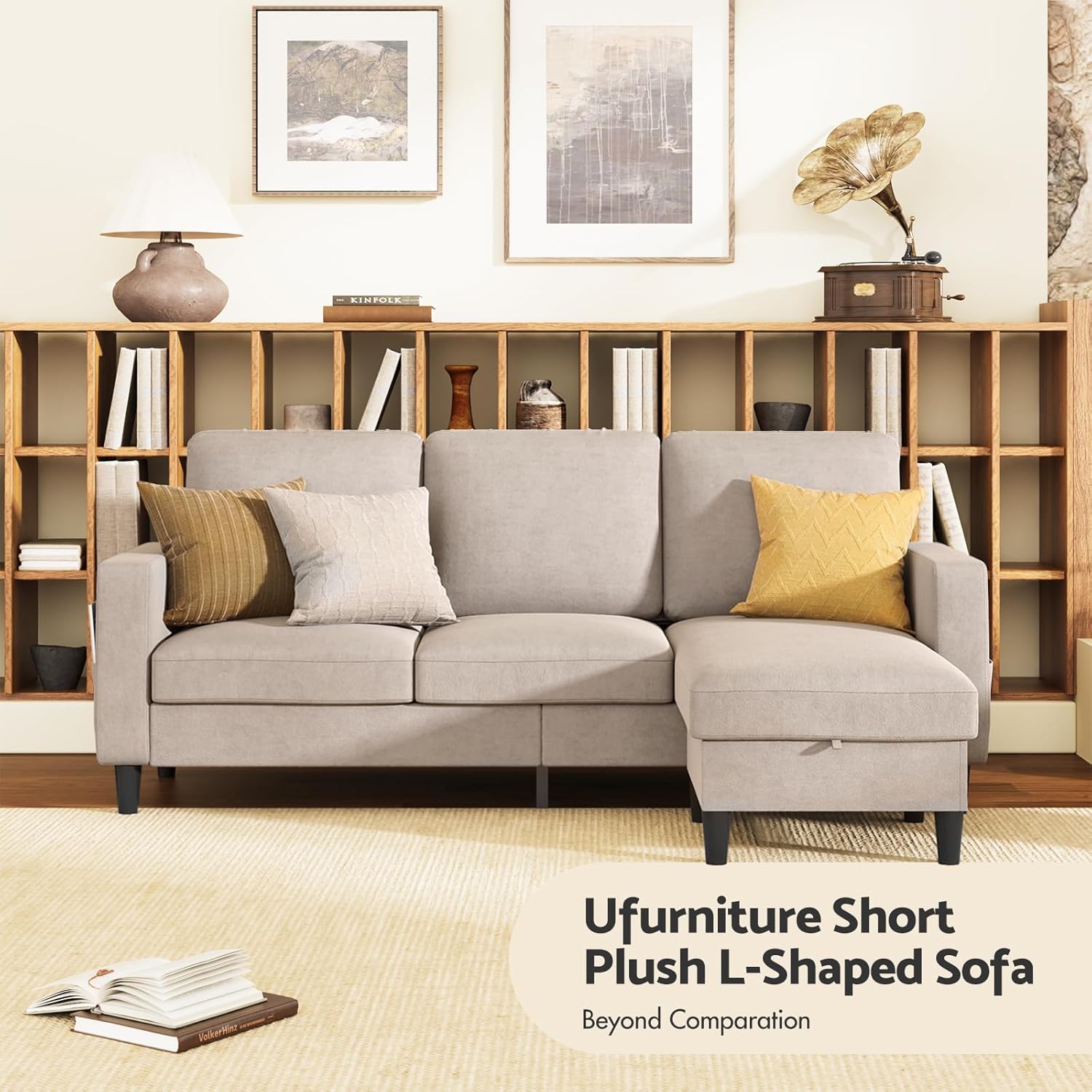 3 Seater Convertible Sectional Sofa,L-Shaped Lounge Couch with Storage Ottoman, Linen Fabric Sofa with Reversible Chaise for Small Apartments Living Room Office, Beige