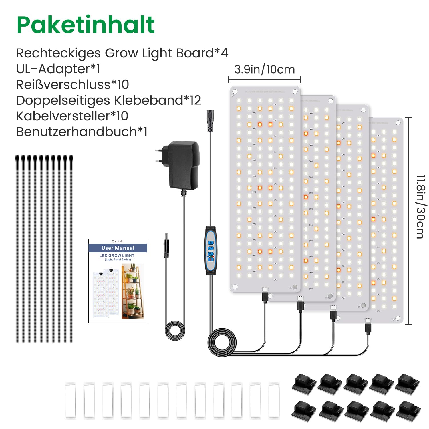 Aumtrly Pflanzenlampe 552 LED Vollspektrum 4er-Pack, Schlankes Pflanzenlicht für Indoor-Pflanzenanbau, Sämlinge, mit UL-Adapter, 6/12/16H Timer, 3 Lichtmodi, 5 Dimmer