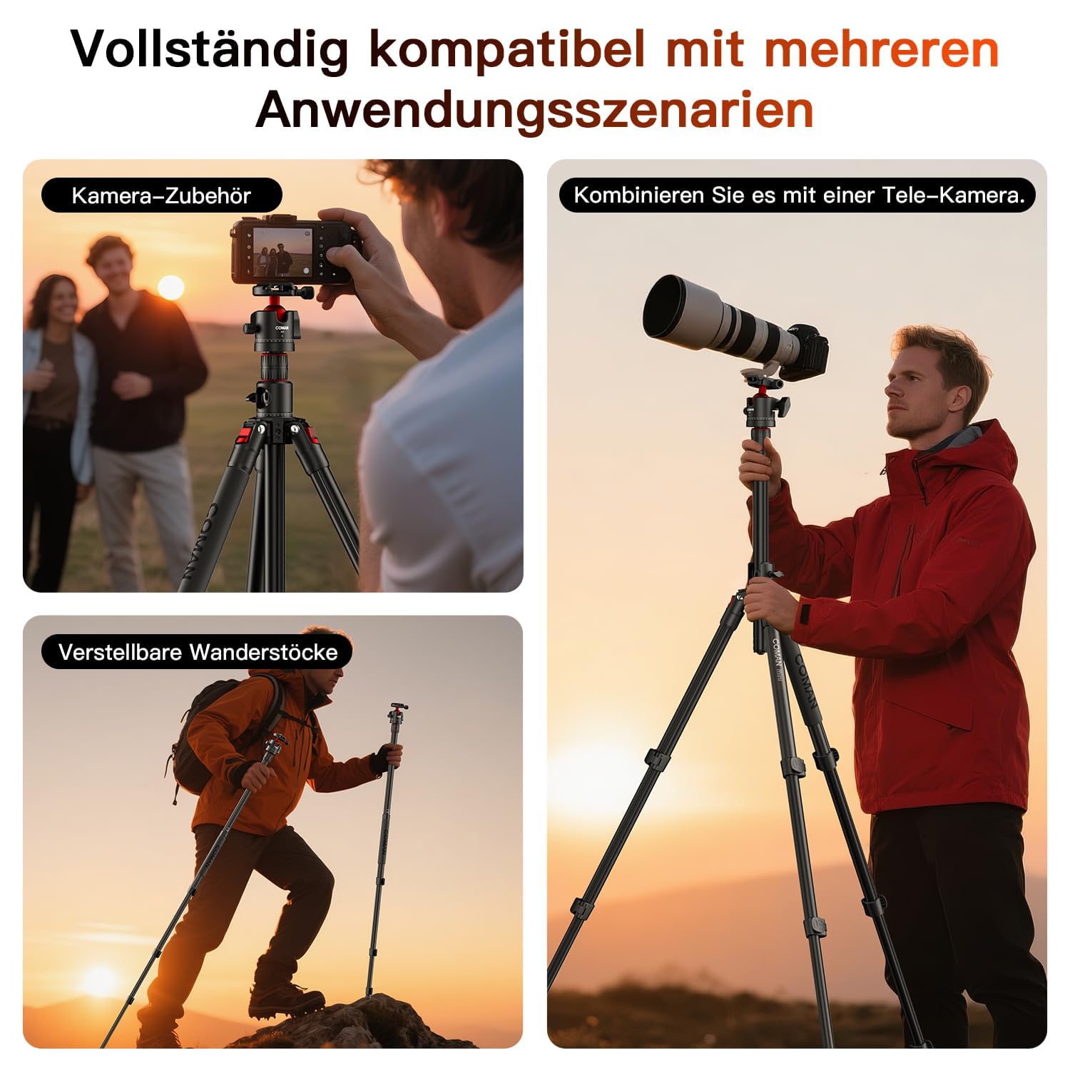COMAN Treppiede Orizzontale Per Fotocamera con Colonna Centrale Etesta a Sfera a 360 Gradi, Monopiede Regolabile in Altezza di 181cm, con Piastra a Sgancio Rapido Arca, Capacità di Carico Massima 5kg
