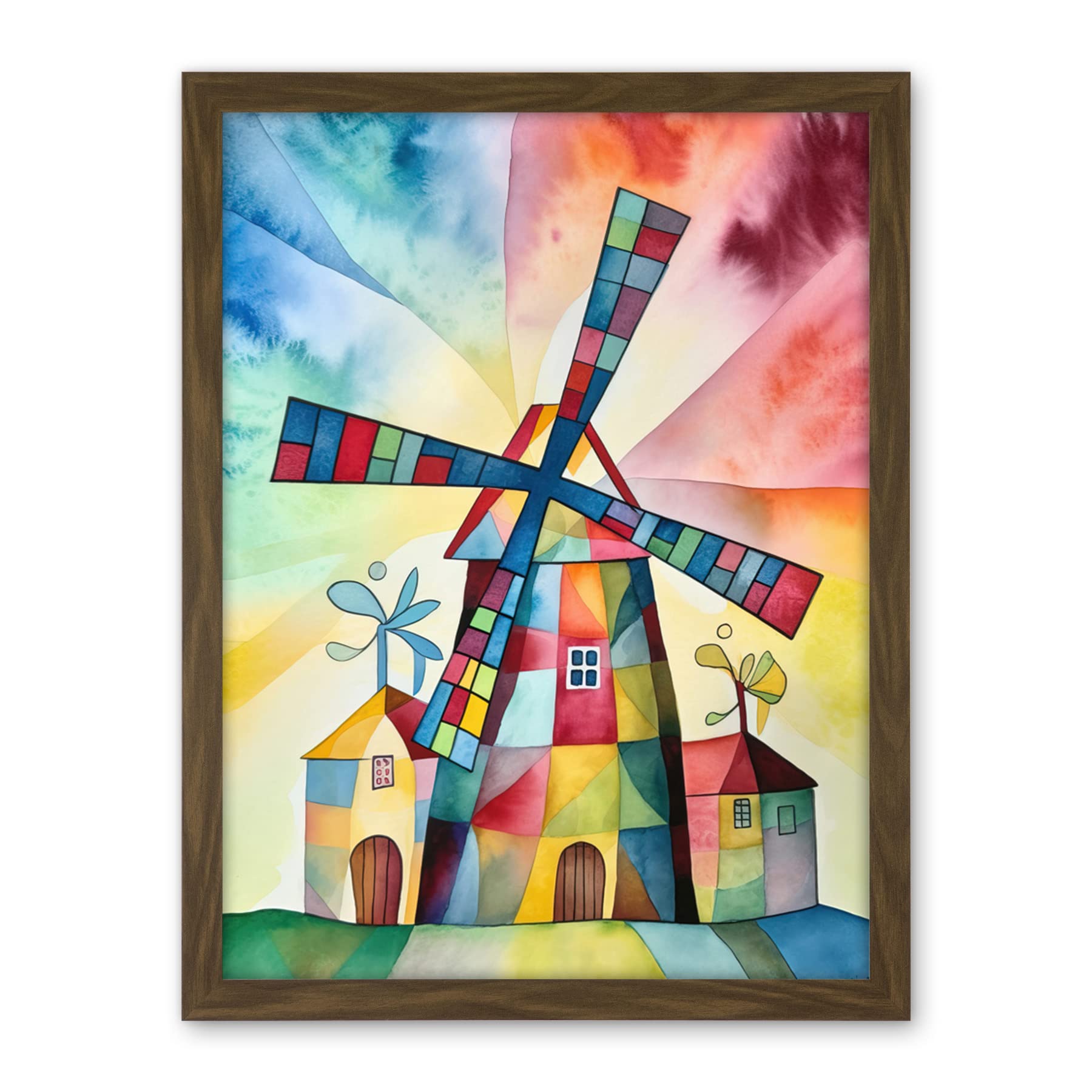 Artery8 Windmill Folk Art Abstract Bright Artwork Framed Wall Art Print 18X24 Inch