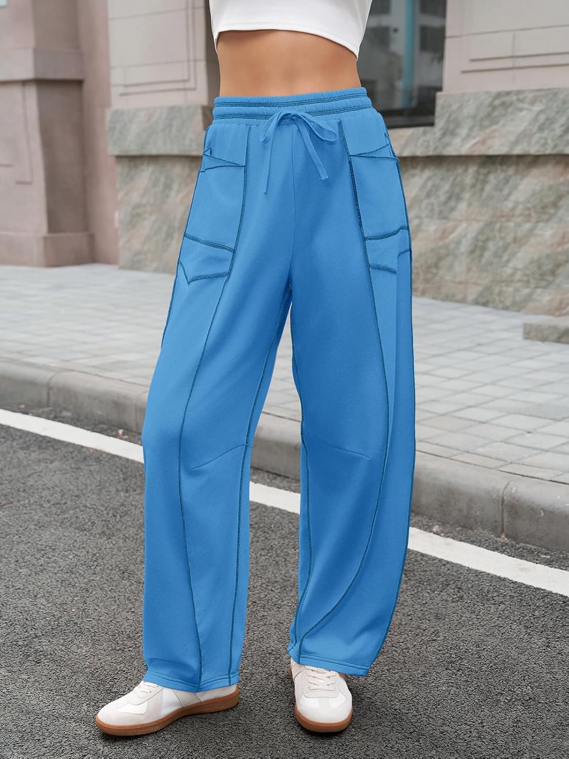 Aoysky Womens Baggy Wide Leg Pants Barrel Casual Drawstring Elastic Waist Contrast Stitch Workout Sweat Pants with Pockets - Image 3