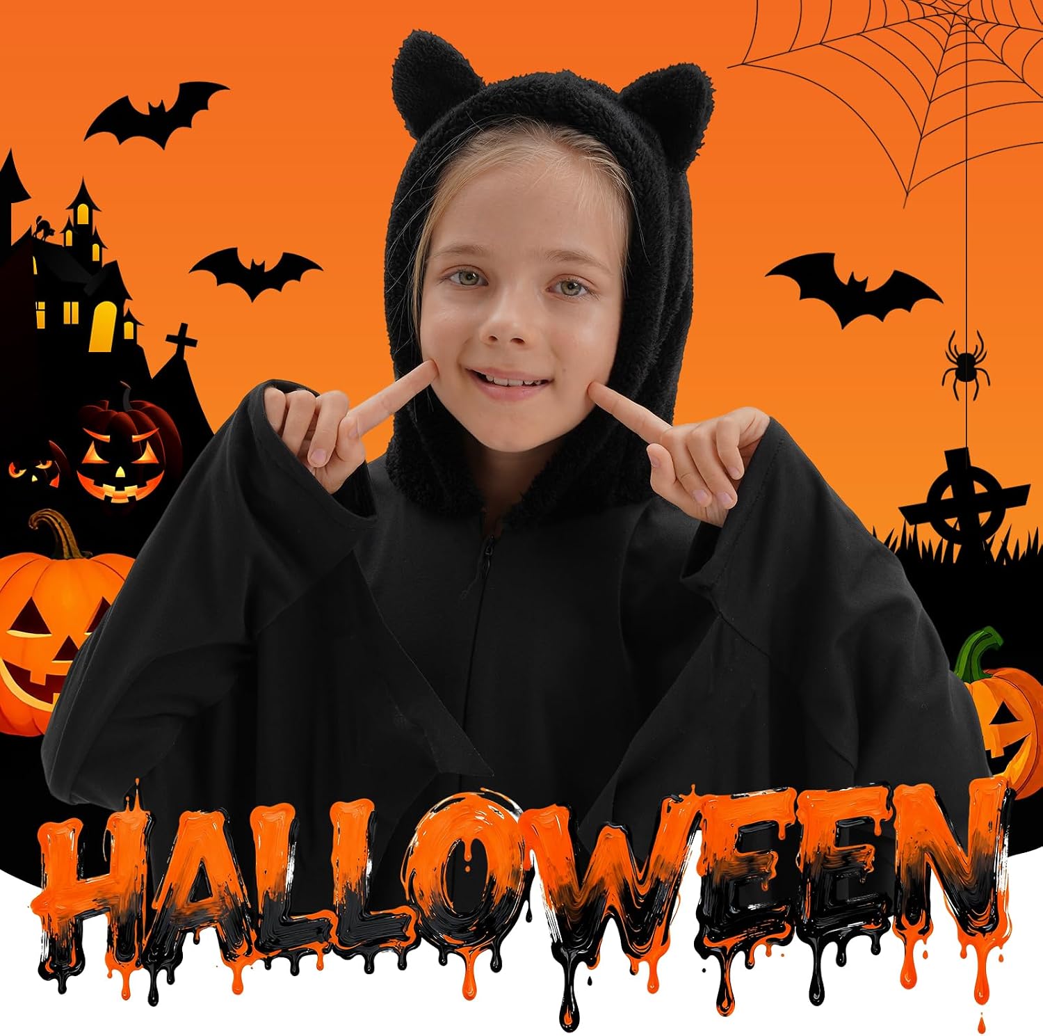 kidzkube Halloween Vampire Kid Bat Costume Glow in the Dark, Bat Wings Costume, Black Jumpsuit for Boy, Girls