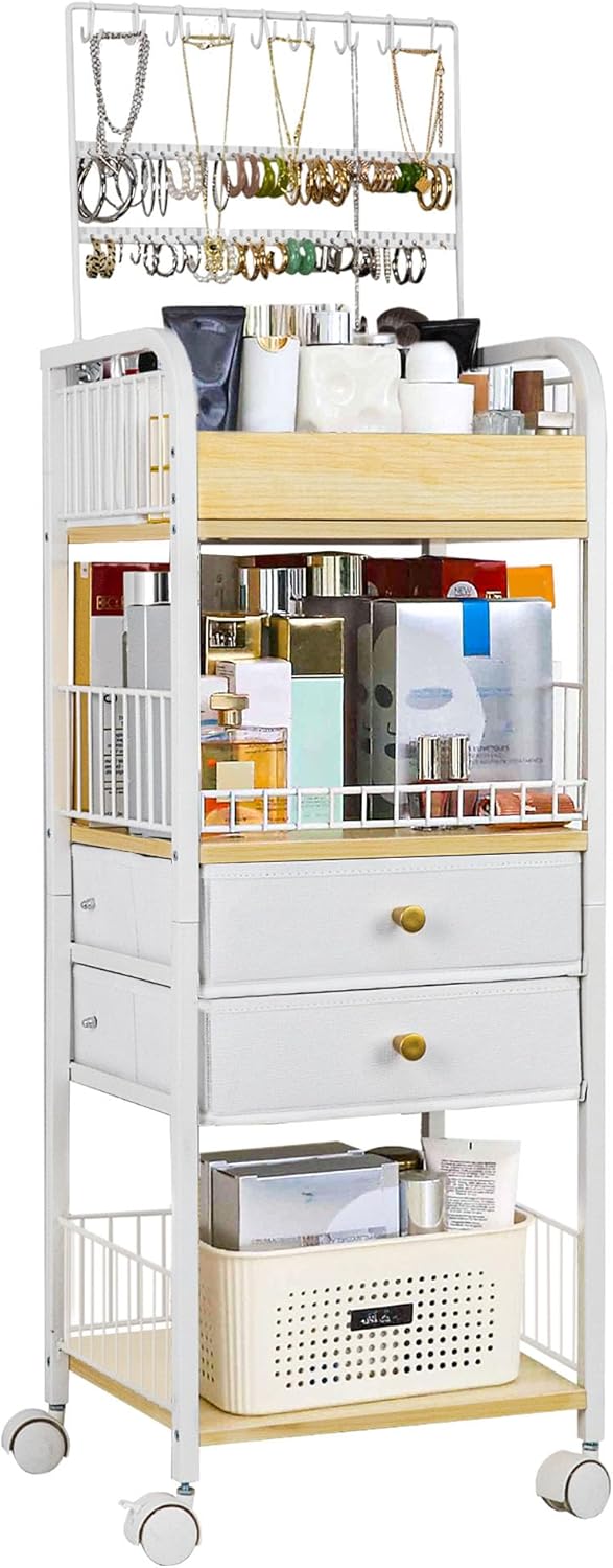 Makeup Cart, Makeup Organizer Cart with Wheels, Rolling Floor Skincare Organizer, Jewelry Organizer for Earring Necklace, Vanity Storage Drawers for Skincare Perfume Nail Polish Brush