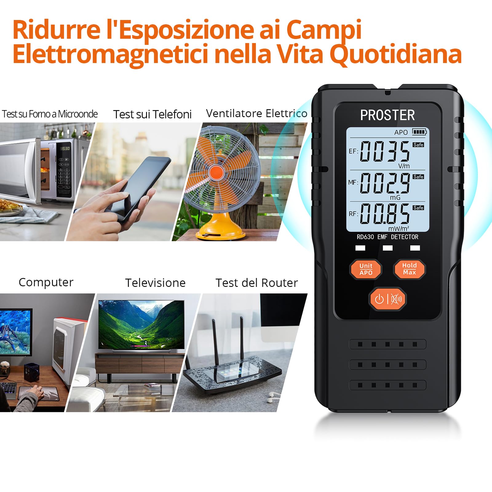 Proster Misuratore EMF 3 in 1 Rilevatore Digitale di Radiazioni per Campi Elettromagnetici EF RF MF Torri Cellulari 5G Rilevatore di Segnale WiFi per Ispezioni EMF in Casa e in Ufficio e Caccia