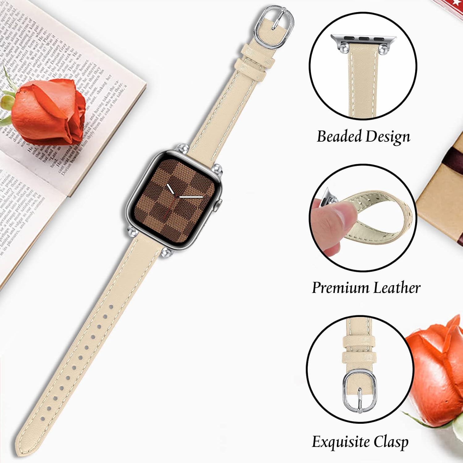 JOYOZY Slim Leather Band for Women Compatible with Apple Watch 49MM 45MM 44MM 42MM 41MM 40MM 38MM, Cute Fancy Top Genuine Leather Strap for iWatch Ultra, Series SE/9/8/7/6/5/4/3/2/1 (Beige/Silver)