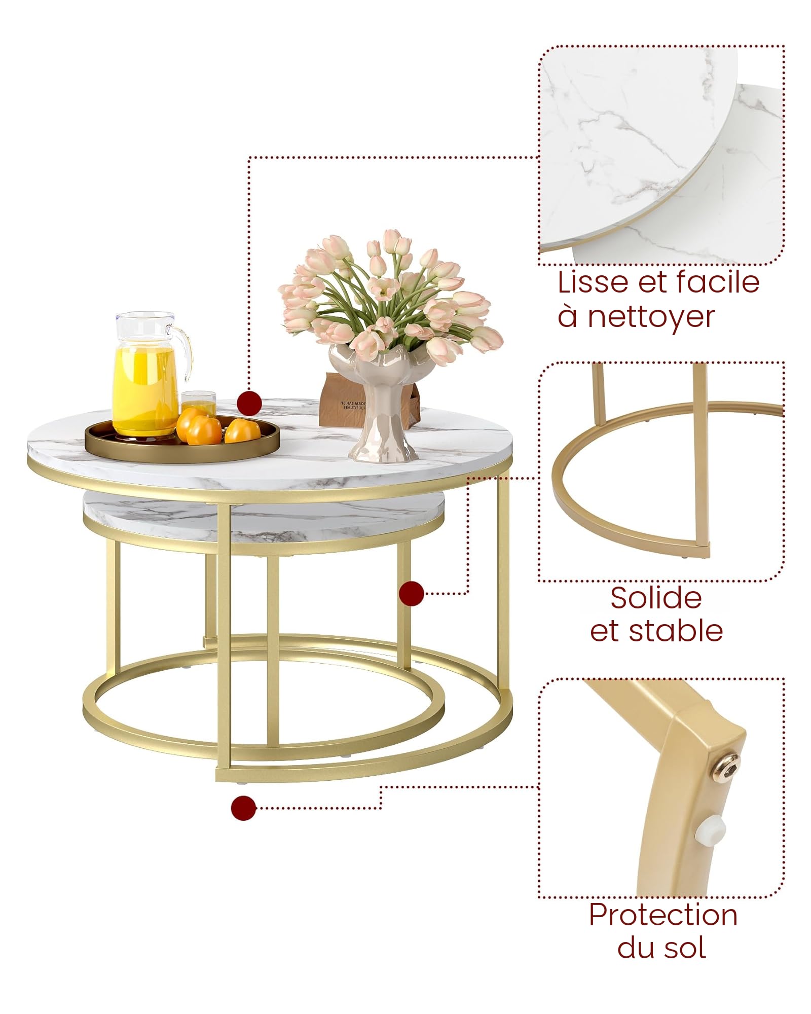 Table Basse Gigogne Effet Marbre Blanc Table Basse Blanche avec Cadre Doré, Tables Basses Rondes Ensemble de Tables d'Appoint Modernes pour Salon, Diamètre 80+60 cm