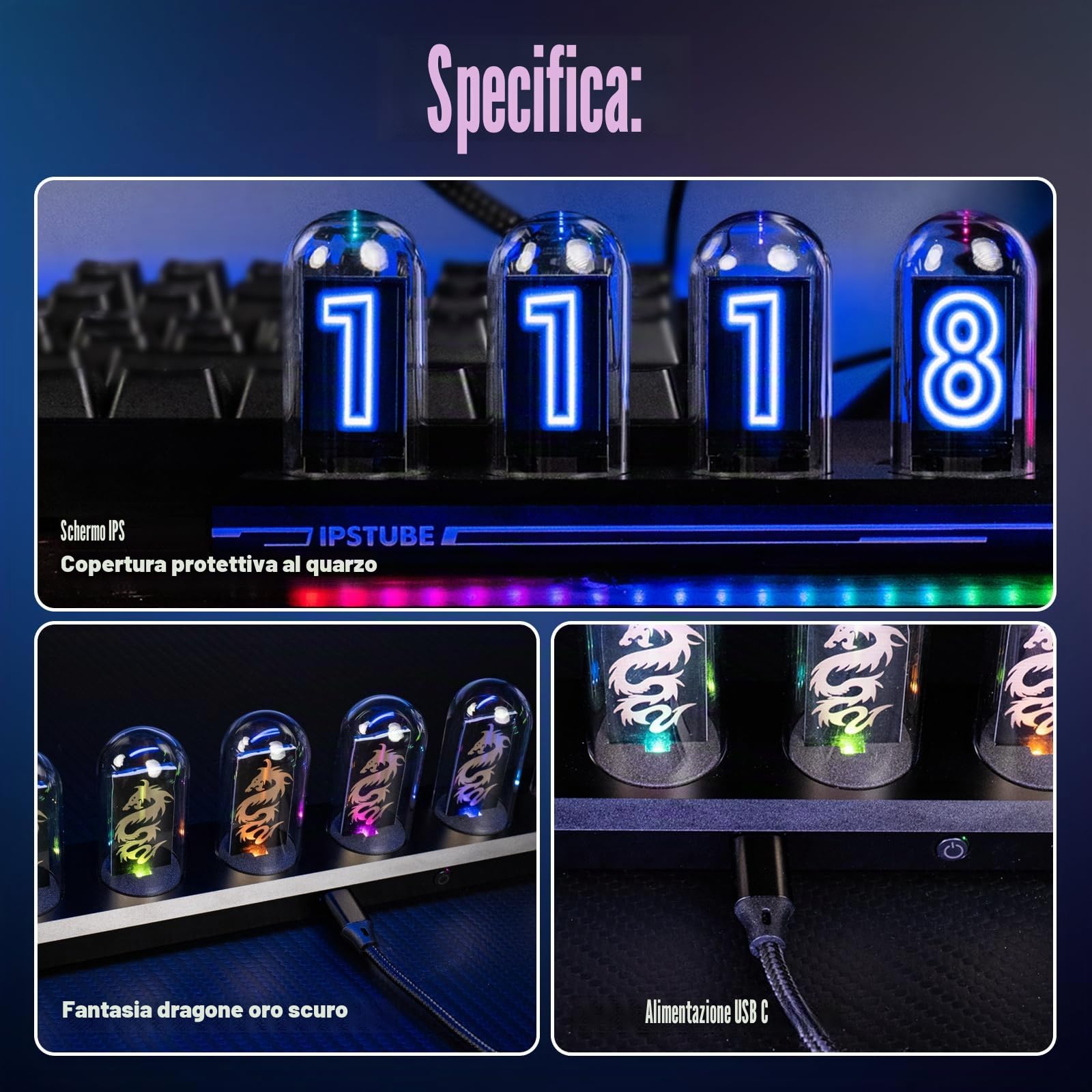 Orologio a tubo Nixie, RGB colorato, album fotografico digitale personalizzabile, nuova modalità meteorologica, schermo IPS da 5 pollici, controllo app, un regalo retrò per amici (nero