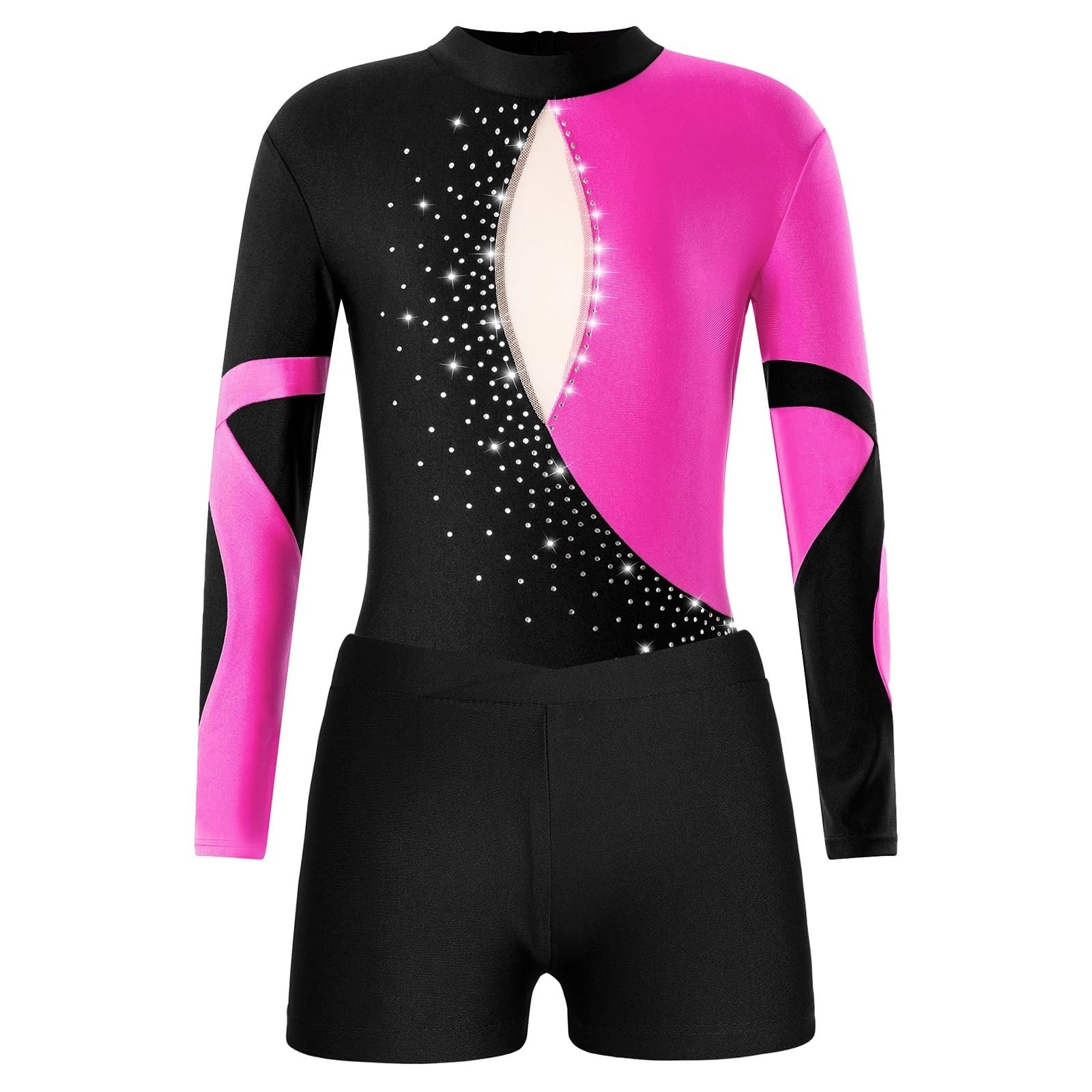 Turnanzug Mädchen Mädchen Ballettanzug Gymnastikanzug Eiskunstlauf Kostüm Langarm Rückenfrei Glänzend Strass Bodysuit mit Shorts