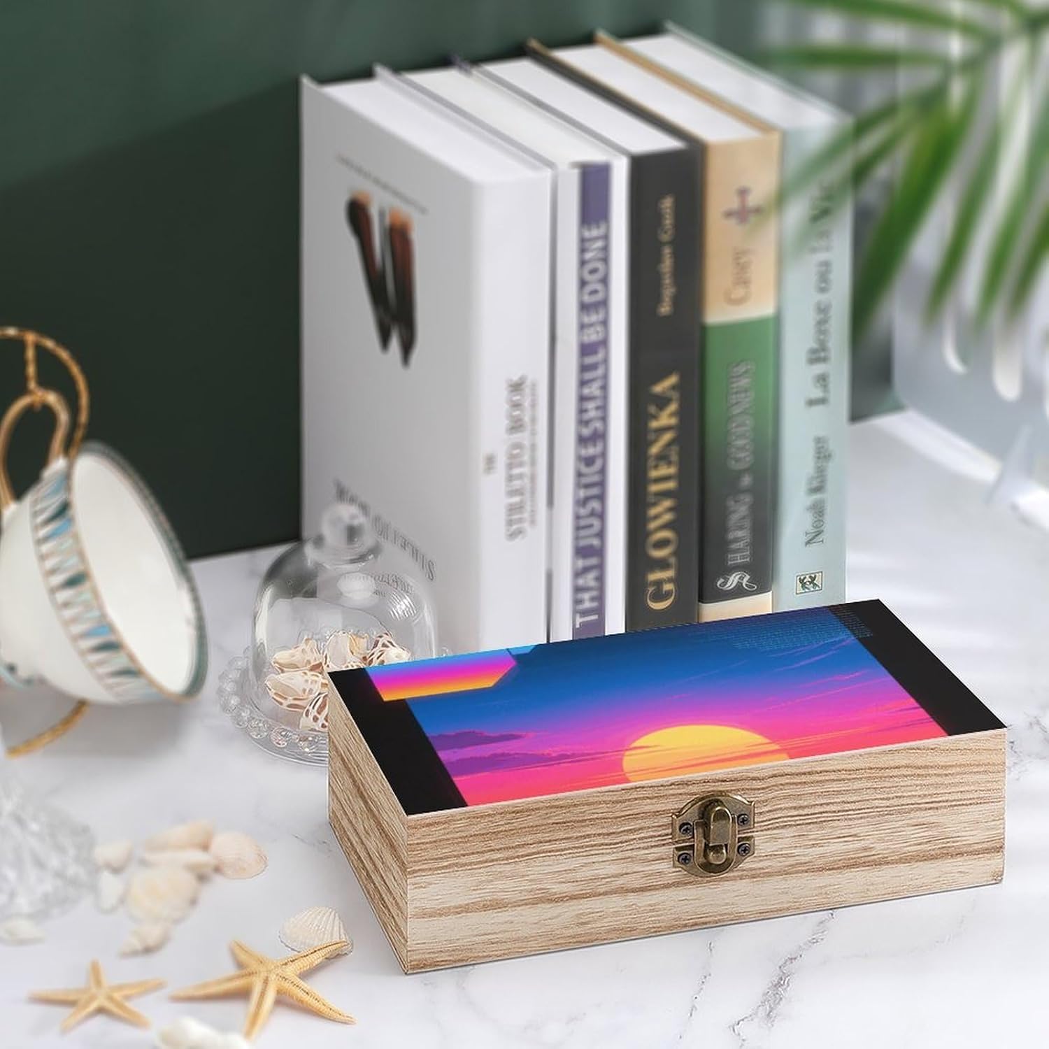 Vintage Wooden Storage Box with Hinged Lid, Retro Synthwave Sunset image 4