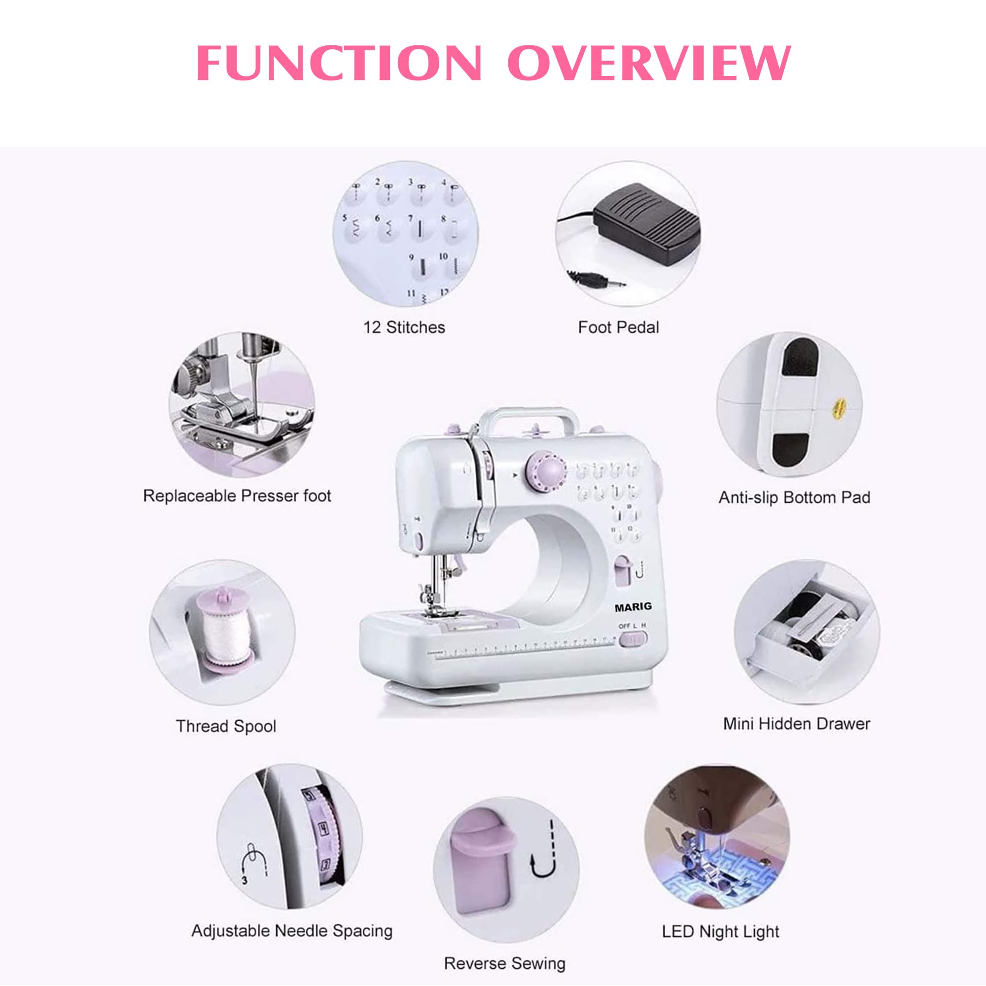 Mini Nähmaschine - 12 Stichmuster tragbare elektrische Nähmaschine mit Eingebautem LED-Licht und Fußpedal, Doppellinien-Rückwärtsstich Multifunktionsnähmaschine für Kinder und Anfänger