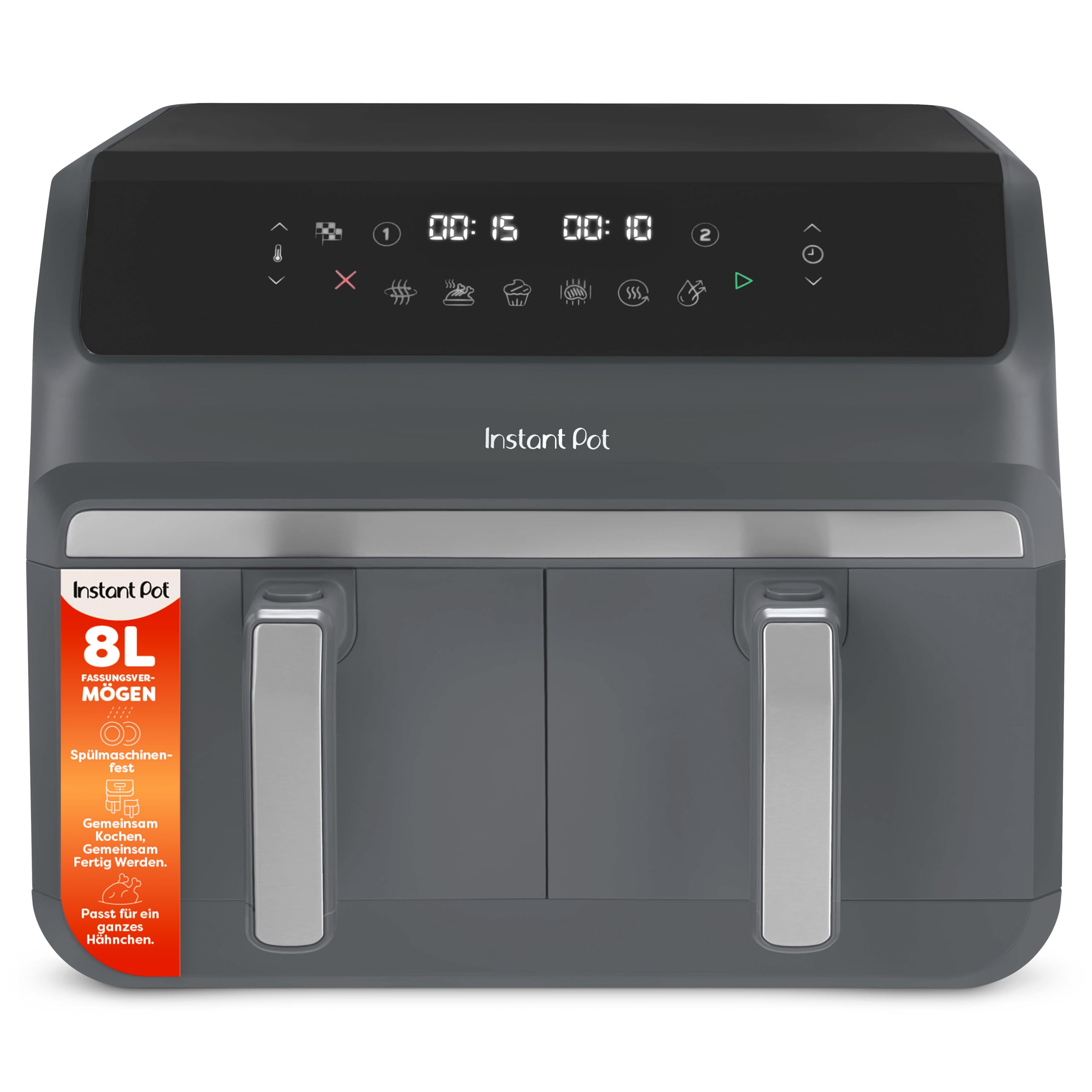 Instant Pot - Vortex Dual Trüffelgrau-Heißluftfritteuse - Groß, 8 l, Familiengröße, zweifach, doppelte 4-l-Körbe, 8 in 1 - Dörren, Grillen, Backen, Braten, Antihaftbeschichtung, Spülmaschinenfest