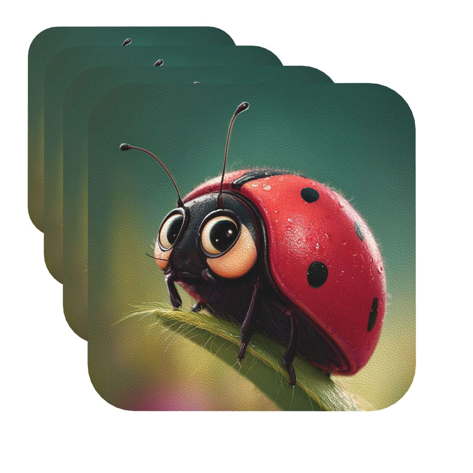 Drink Coasters Set of 4 Quick-Dry Leather Coaster Cartoon ladybug Coasters for Drinks Coffee Cup Mat Tabletop Protection Heat Resistant Coaster for Kitchen Bar Office Home Decor