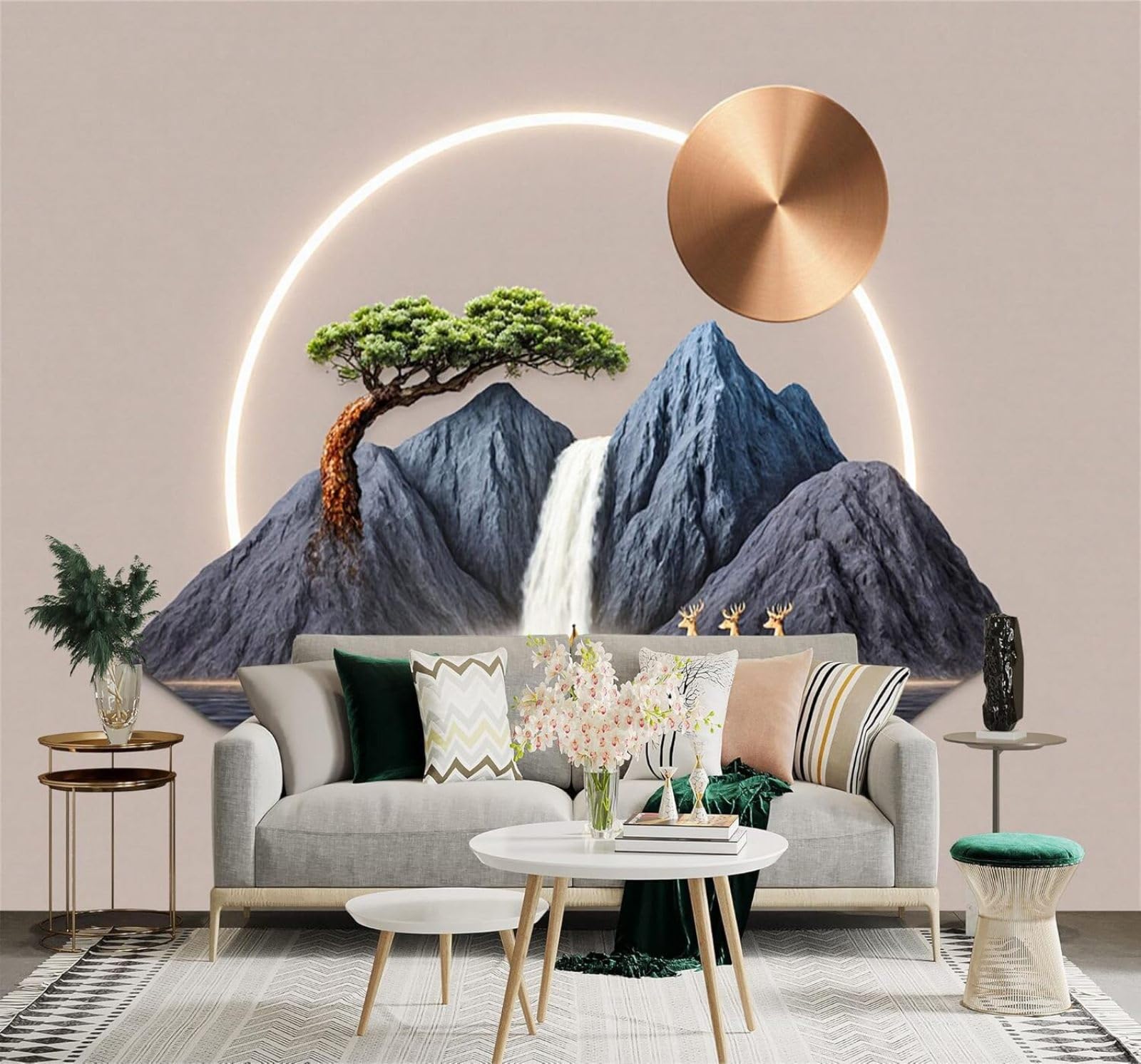 Xlming 430Cm×300Cm(B×H) Waterfall Small Boat Golden Deer Green Trees Mountain Scenery 3D Wallpaper Premium Textured Silk Study Dining Living Room Bedroom Sofa Tv Wall Easy Install-430Cm×300Cm
