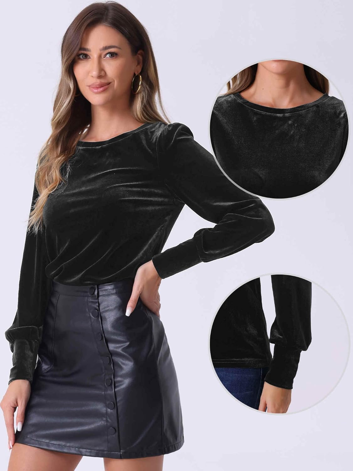 Allegra K Velvet Tops for Women Crew Neck Puff Long Sleeve Casual Pullover Fall Winter Blouses Top - Image 4