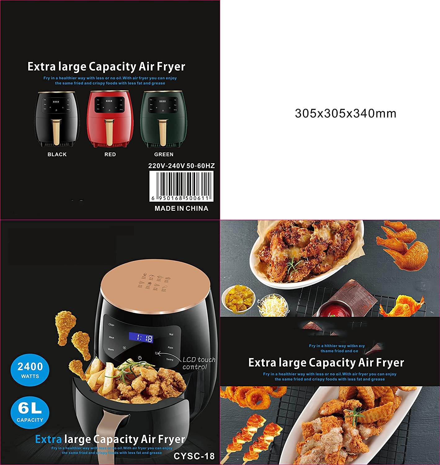 Collage showing Silver Crest Air Fryer in different colors, dimensions, and key features like 2400 Watts and 6L capacity.