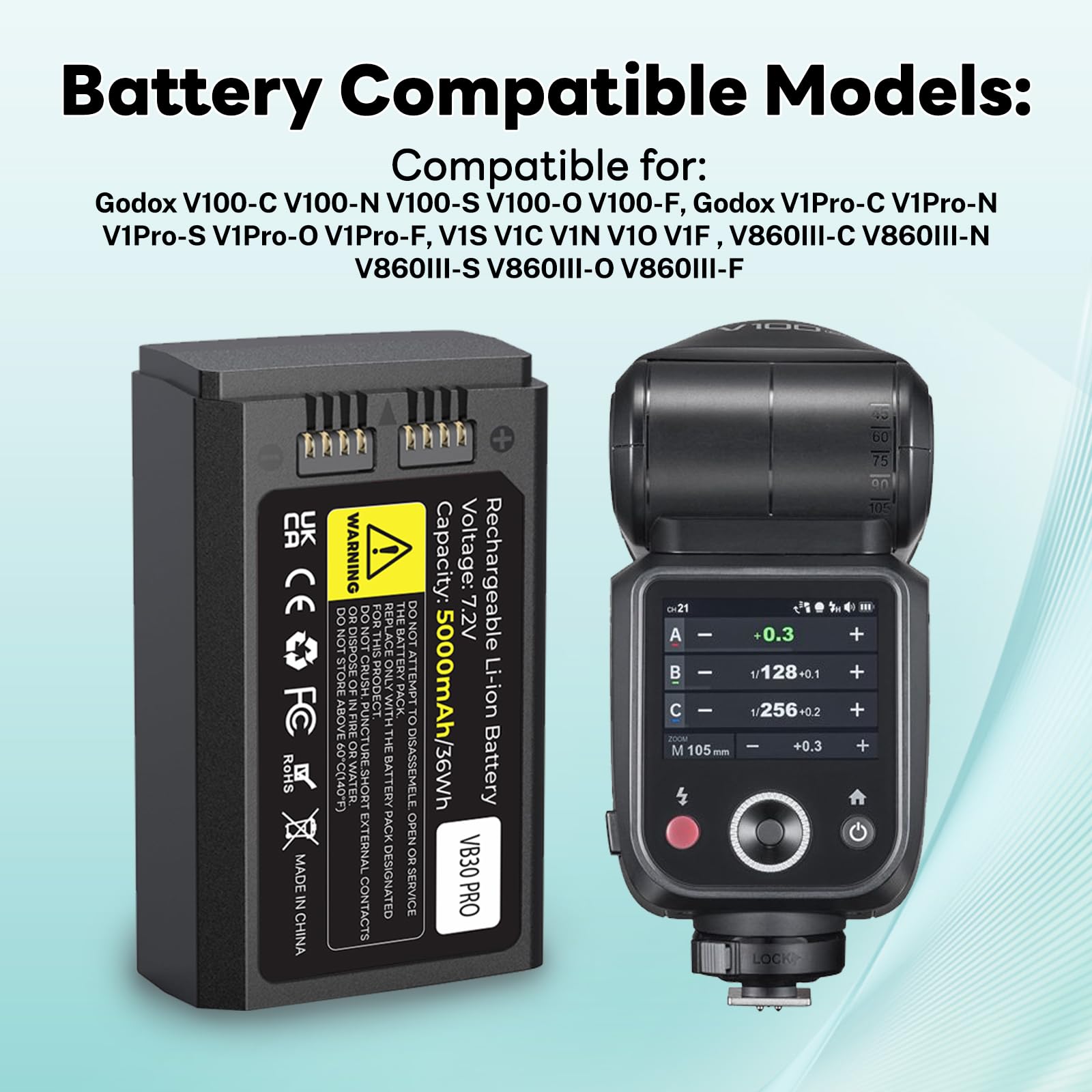 5000mAh VB30 Ersatzakku für V100 V1Pro V1, Akku für USB-C-Anschluss für V1ProC V1ProS V1ProN V1S V1C V1N V1F V1O V1P V100C V100N V100S V860III-S V860III-C V860III-N Kamera-Blitzgerät Speedlite