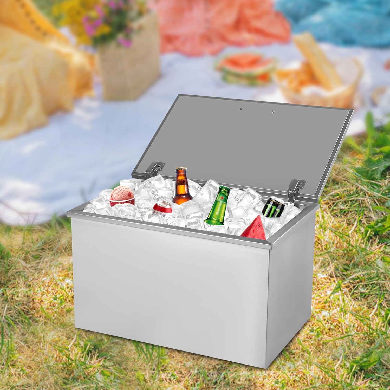 Drop in Ice Chest, 20" Lx14 Wx13 H 304 Stainless Steel Drop in Cooler with Hinged Cover Bar Ice Bin 40L/42.2Qt Drain-Pipe and Drain Plug Included for Cold Wine Beer
