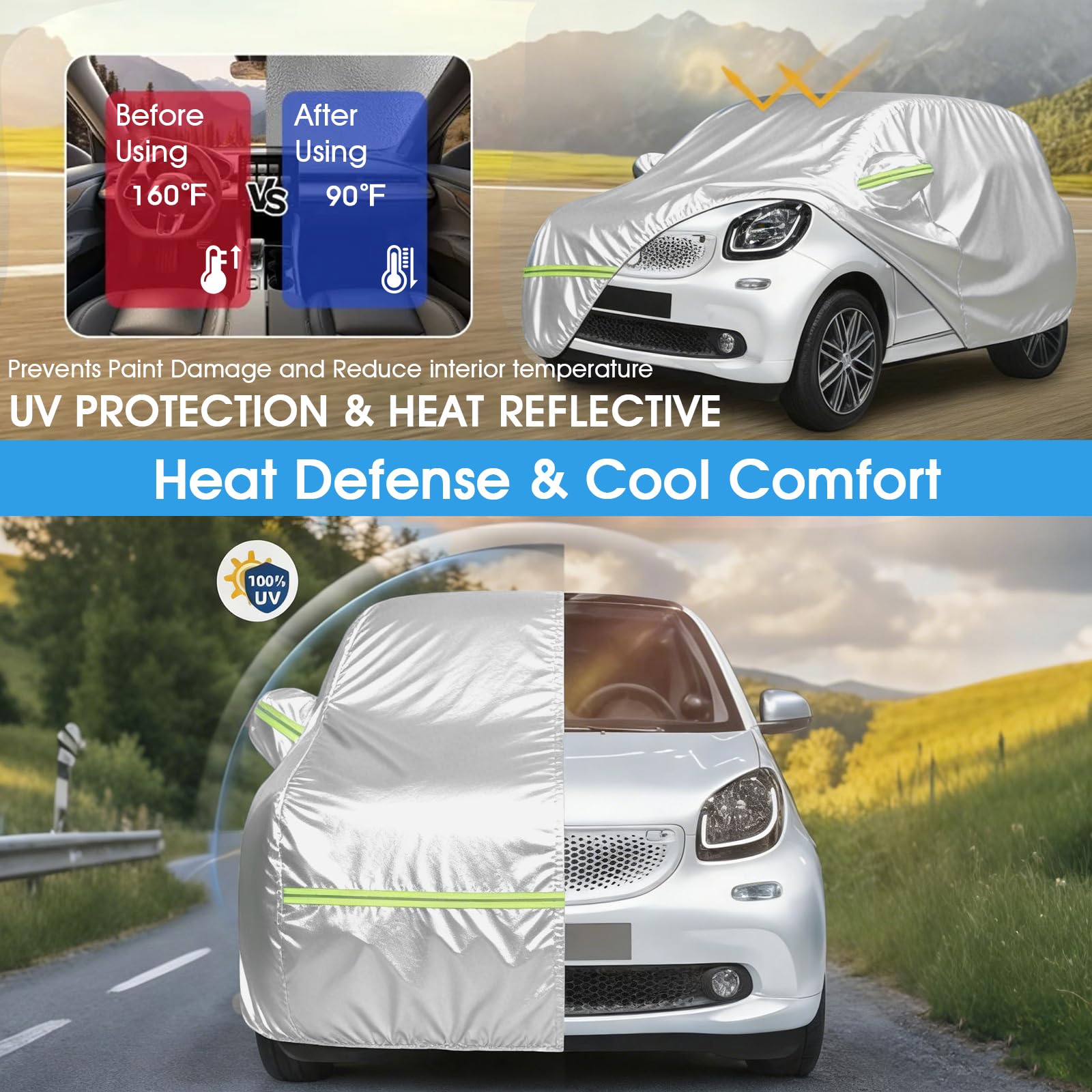 Copriauto per Smart Fortwo W451 W453 2007-2024, copertura completa per auto impermeabile per ogni tempo 210D Oxford, con cerniera laterale, fibbia, striscia riflettente, anti-neve, antivento