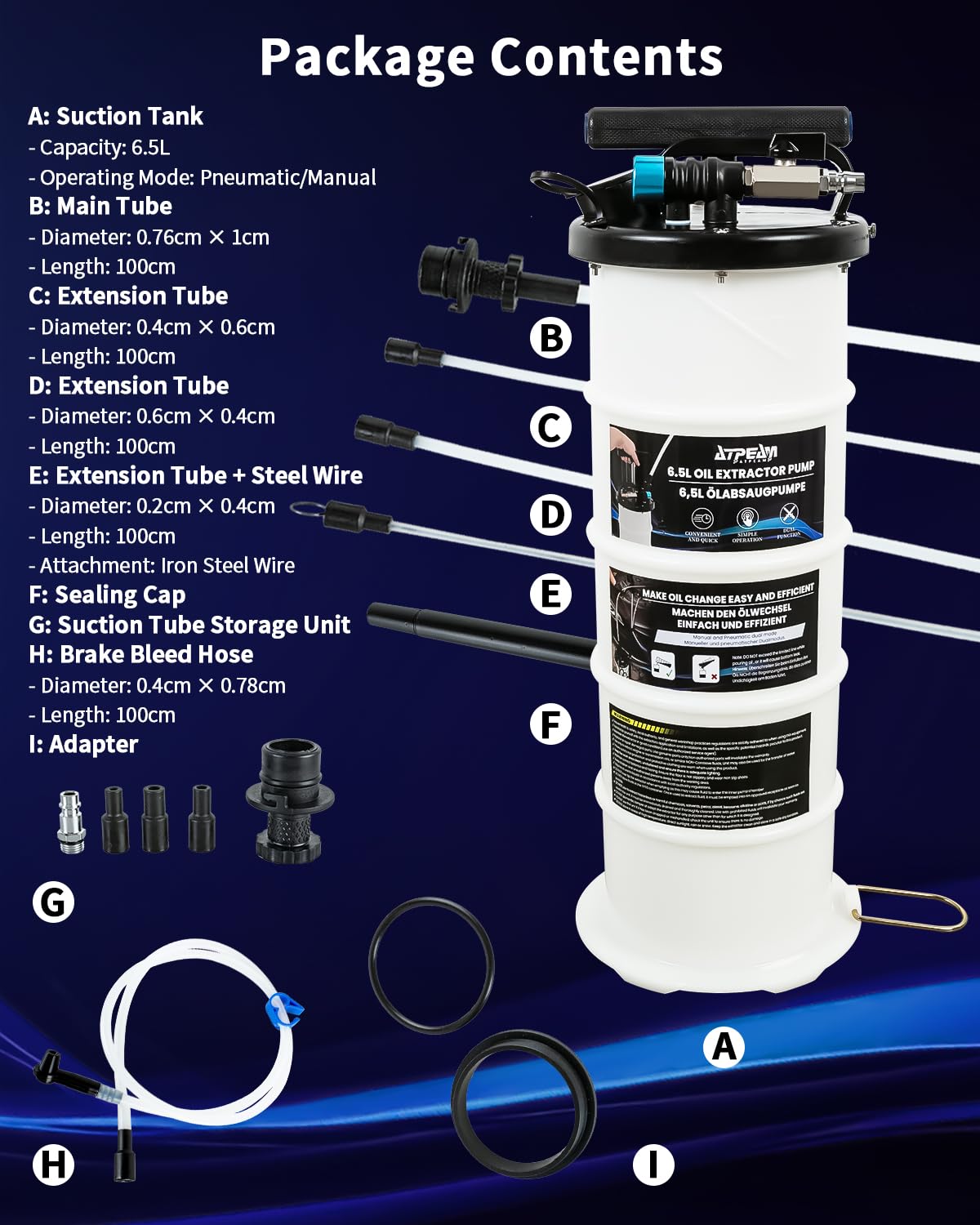 ATPEAM Bomba Extractora Aceite Coche 6,5L，Extractor de Aceite Motor Coche Neumático y Manual con Manómetro y Manguera de Succión