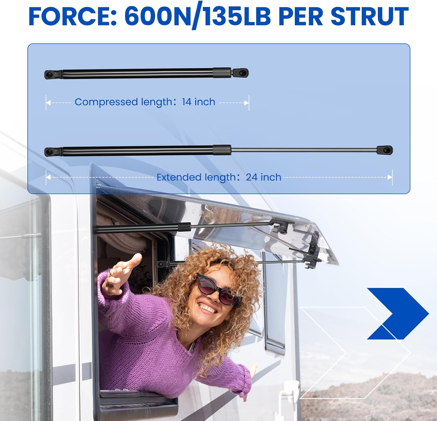 C1613678 24 Gas Strut Shock,135Lbs/601N Lift Support,24 inch Gas Spring Shocks Prop Lift for Tonneau Cover Truck Pickup Bed RV Door Replacement Sturt C1619770, 2-Piece Set