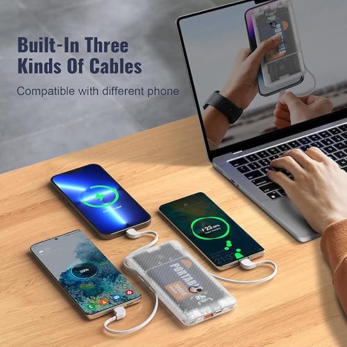 Miniatura 2 de Cargador portátil de 10000 mAh, cargador de batería externa Q Slim USB C, 5 salidas y 2 entradas, paquete de batería externa con cables integrados y