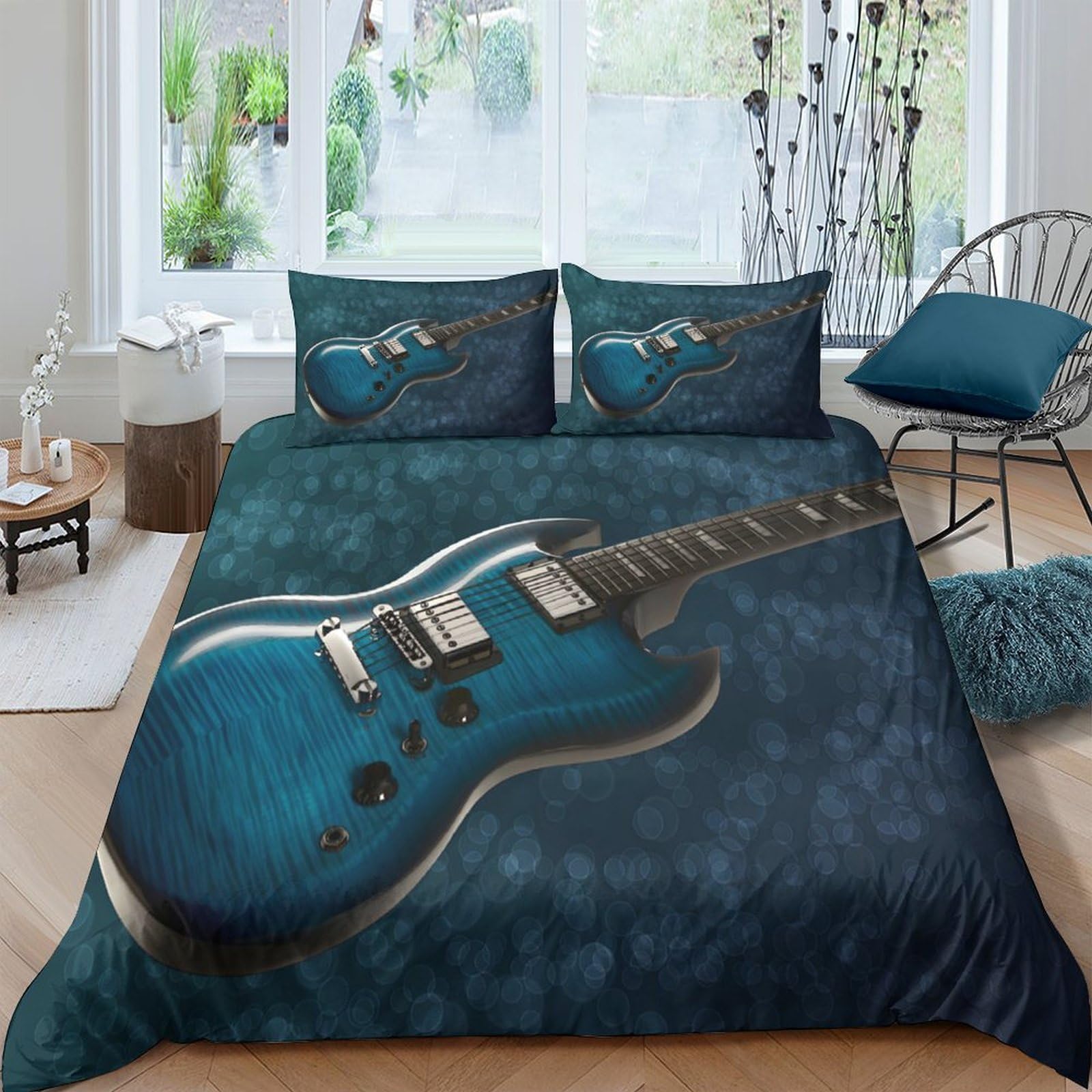 Ctjqhvkz Style-7 3D Printed Blue Electric Guitar Fitted Sheet Microfiber Soft Bed Cover For Bedroom Guest Room Modern Mattress Protection Single（135X200cm）