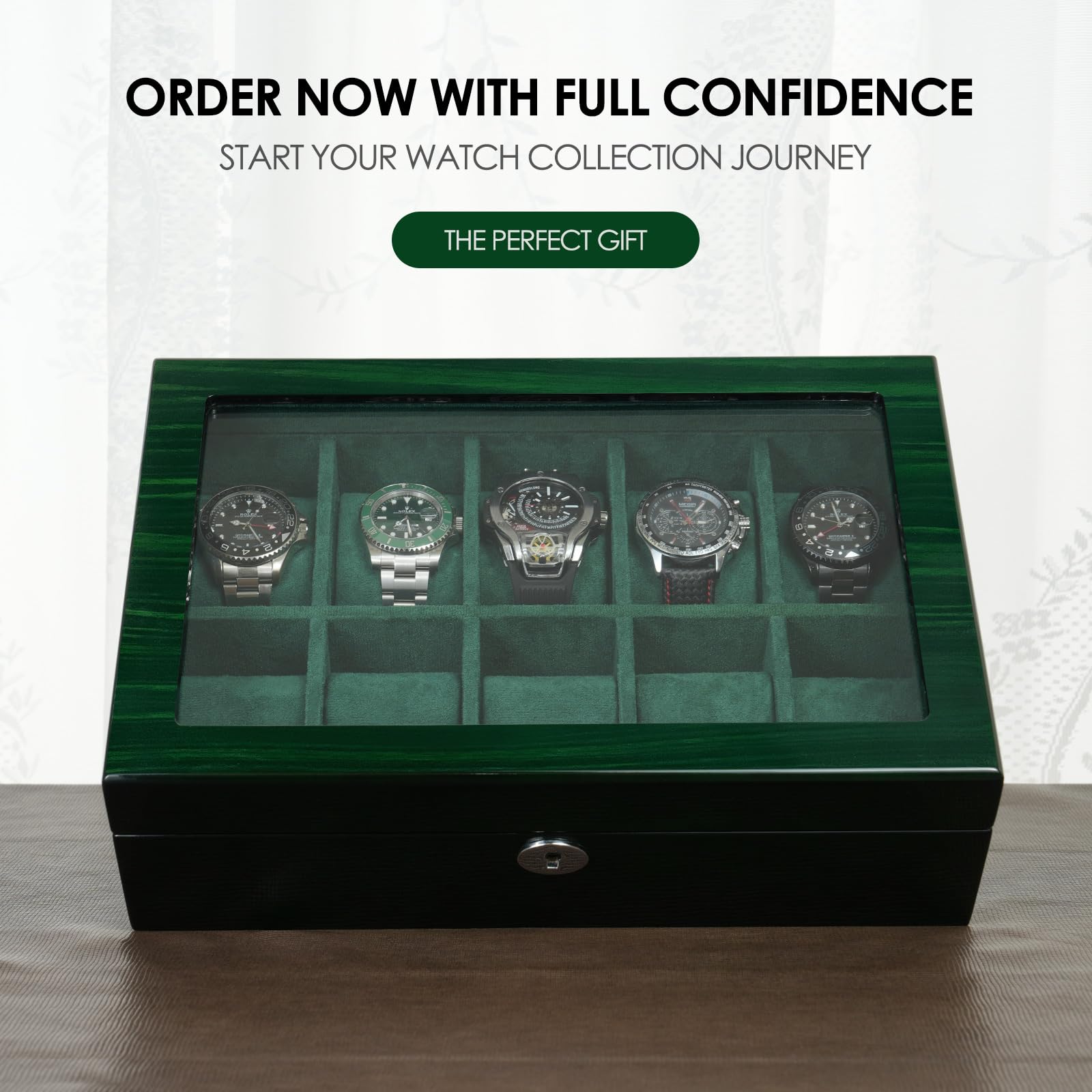 Caja organizadora de relojes para hombre, 10 relojes, pantalla de reloj inteligente, madera con interior de terciopelo suave, ventana de cristal grande, regalo para mujeres y hombres
