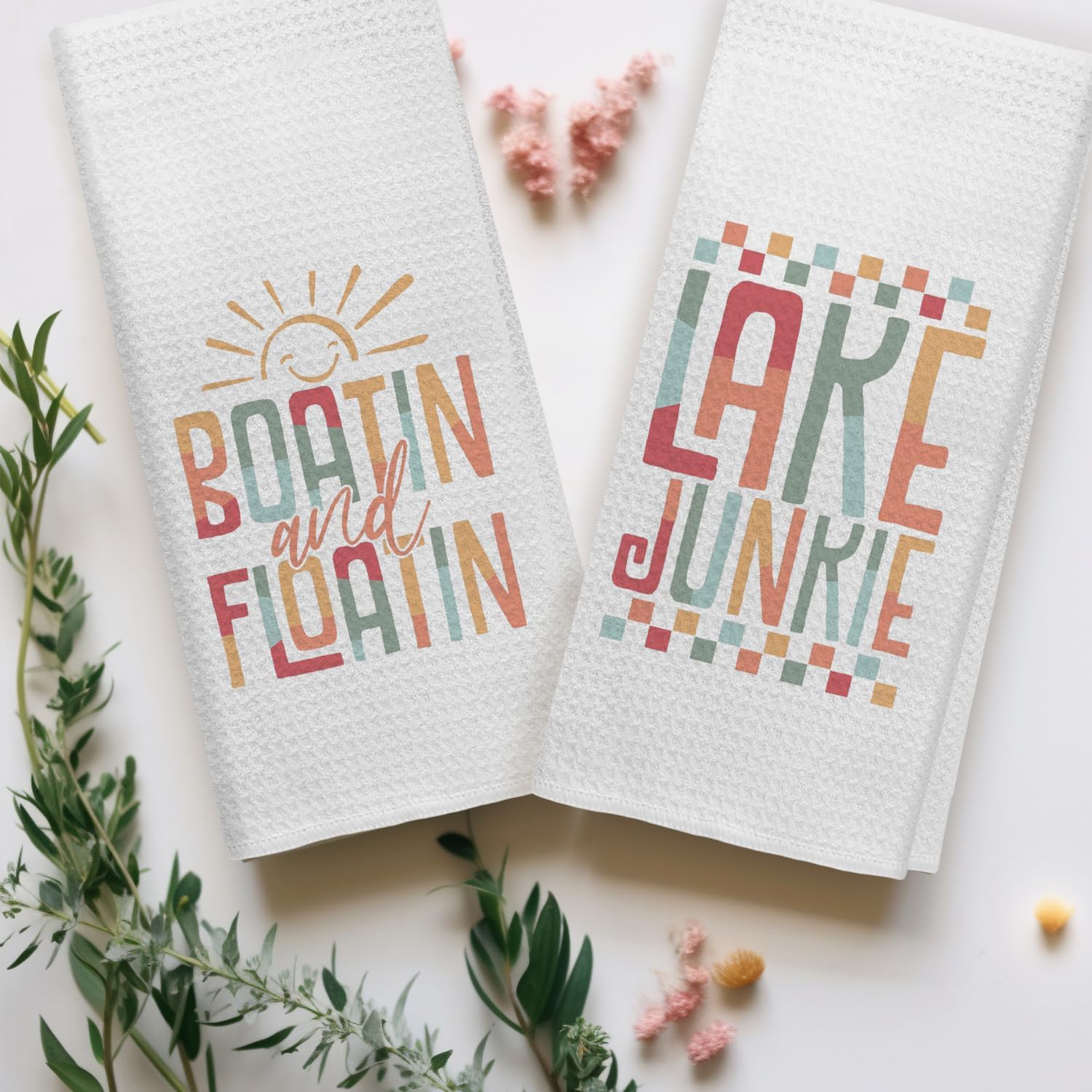 Boho Summer Boat Lake Kitchen Towels, Gifts for Lake Lovers Dish Tea Towels for Kitchen Decor, Boating Gifts for Women Decorative Hand Towels for Bathroom, 16x24 Inch Set of 2