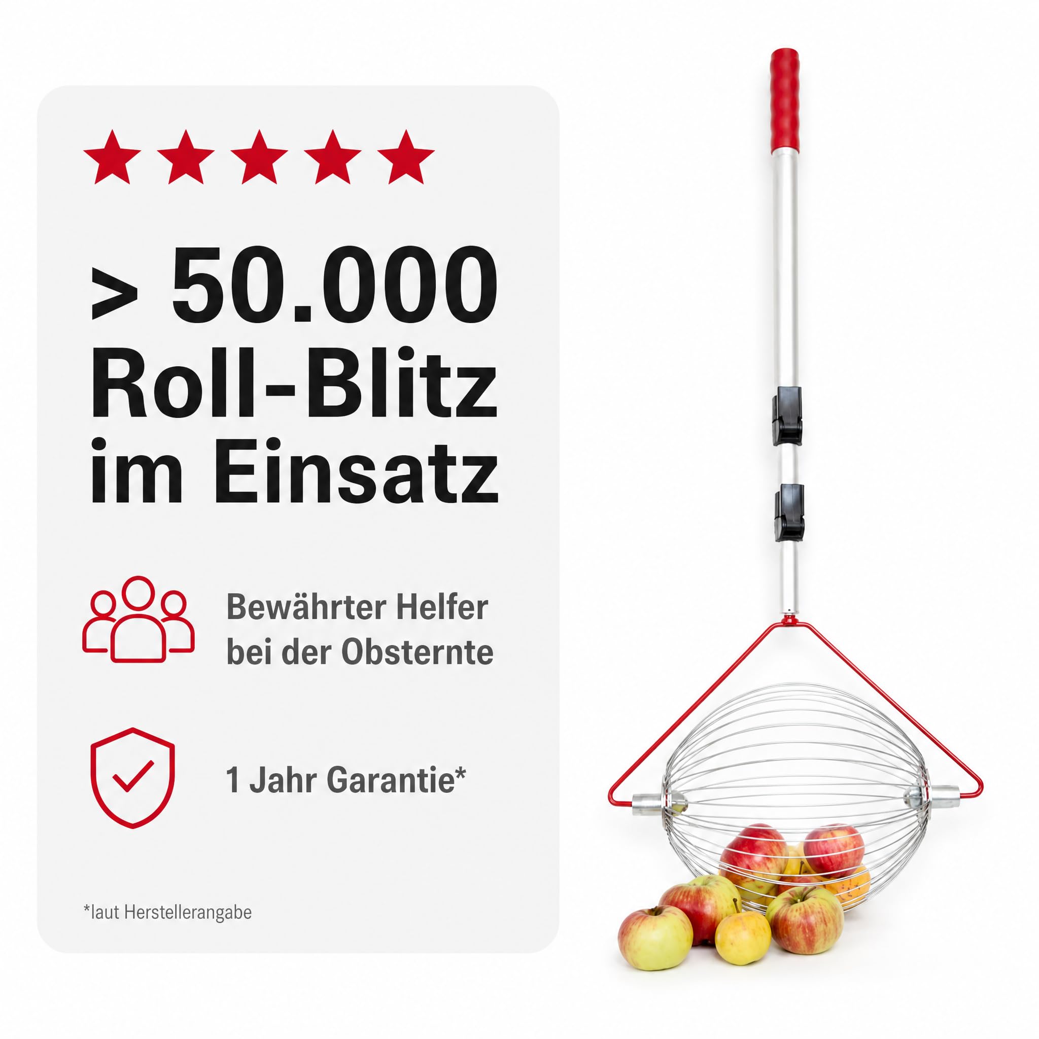 Apfel-Sammler mit Teleskopstab- der Roll-Blitz die kleinste Obstaufsammelmaschine der Welt direkt vom Hersteller für Apfel, Birnen