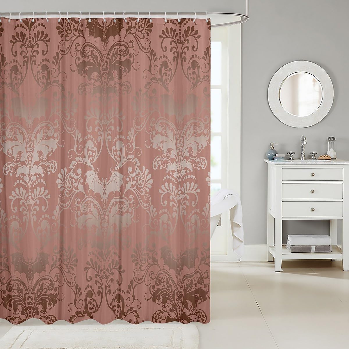 Damask Gothic Shower Curtain Set Antique Victorian Fabric Shower Curtain 72"Wx72"L,Vintage Floral Goth Bathroom Shower Curtain Bat Bats Sugar Skull Bone Skeleton Bohemian Baroque Decor,Light Pink image 2
