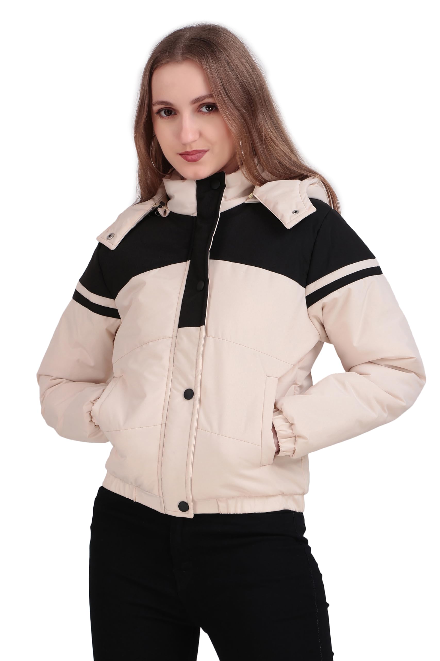 brazo Women’s Hooded Puffer Jacket | Warm Winter Wear with Front Zip & Button Flap | Color Block Stylish Winter Jacket-picture-14