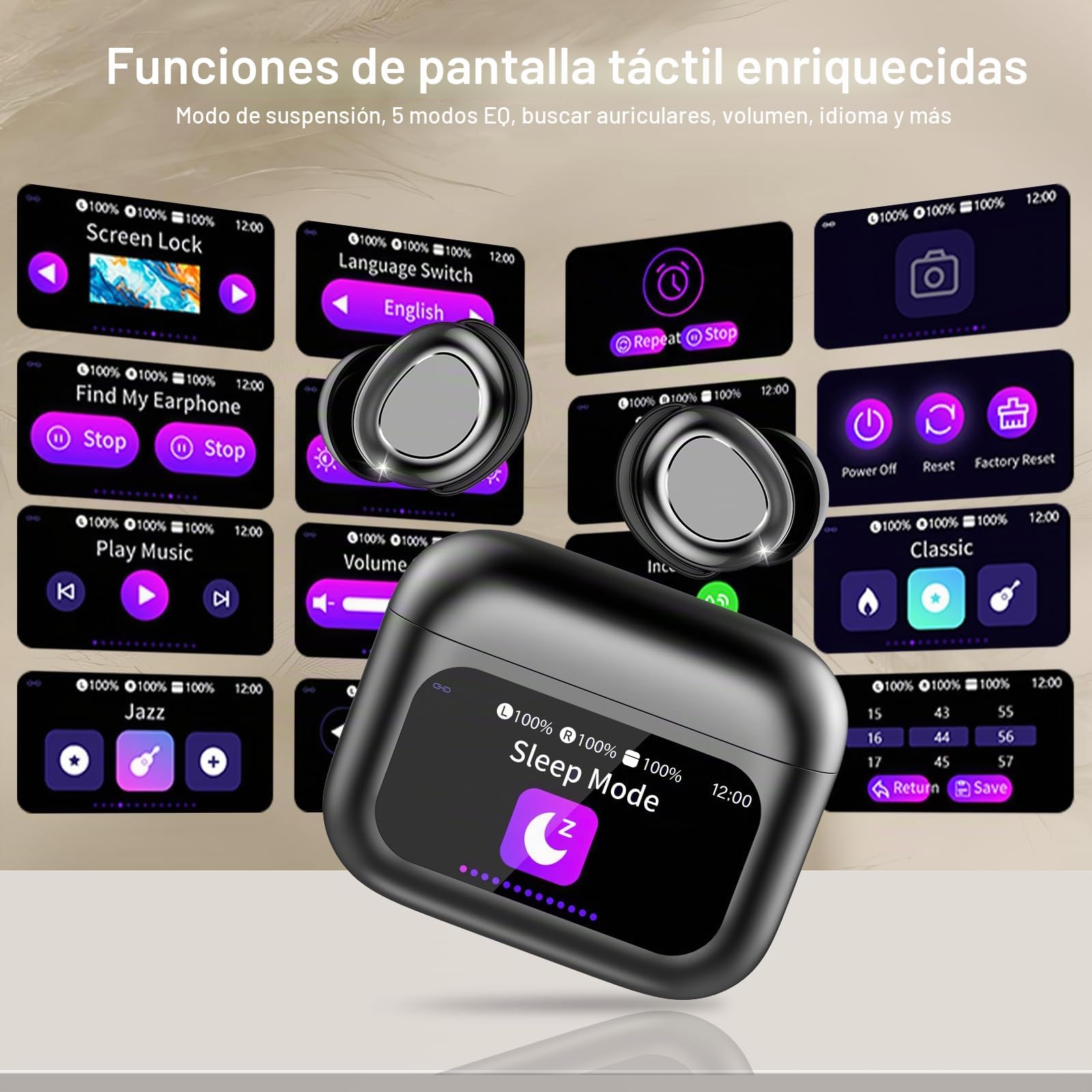 Auriculares Inalambricos, Mini Auriculares para Dormir con Pantalla Táctil, HiFi Estéreo Cascos Inalambricos Bluetooth 5.4 con Cancelación de Ruido Mic, Impermeable IP7 Auriculares Dormir de Lado