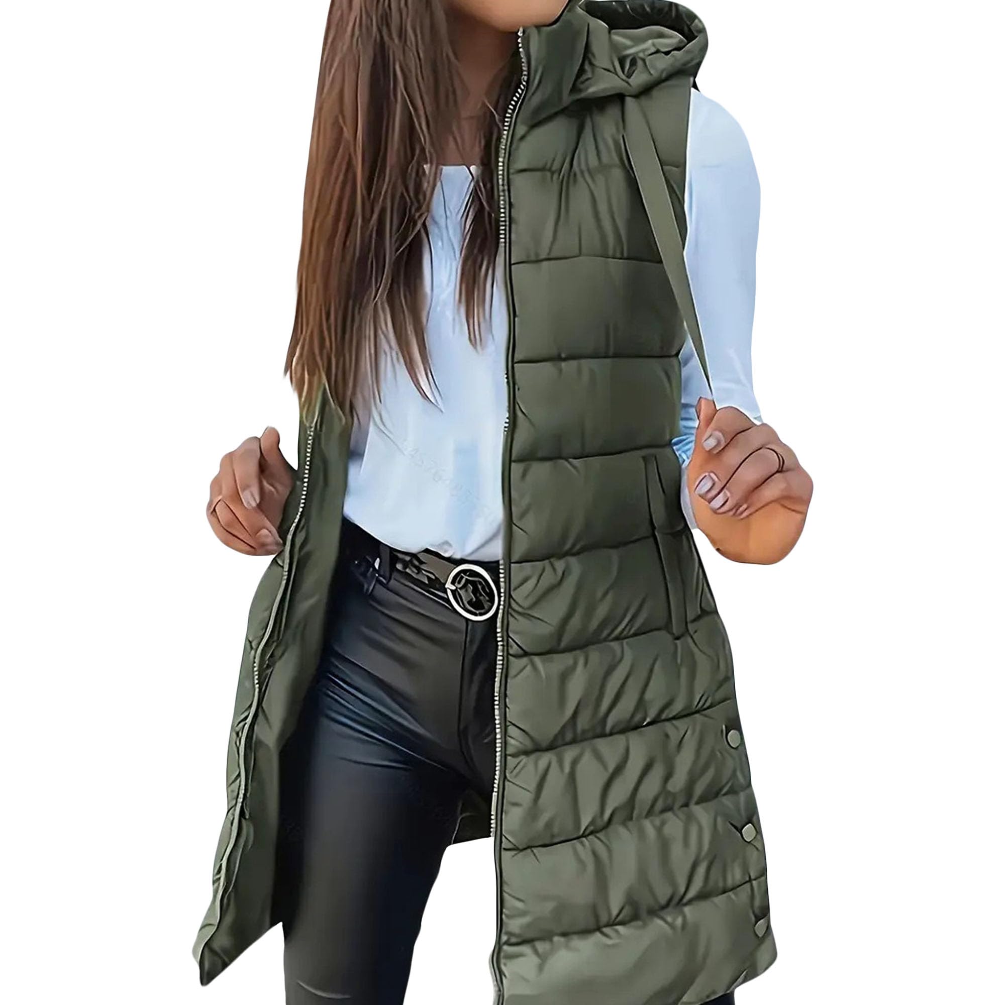 Womens Long Puffer Vest with Zipper Pockets Full Zip Sleeveless Quilted Vest Warm Down Padded Jacket with Hood