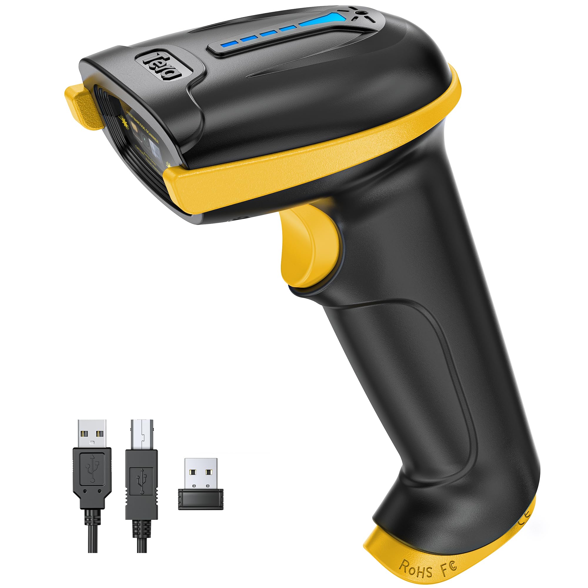 Tera Barcode Scanner Wireless Versatile 2-in-1 (2.4Ghz Wireless+USB 2.0 Wired) with Battery Level Indicator, 328 Feet Transmission Distance Rechargeable 1D Laser Bar Code Reader Handheld 5100 Yellow
