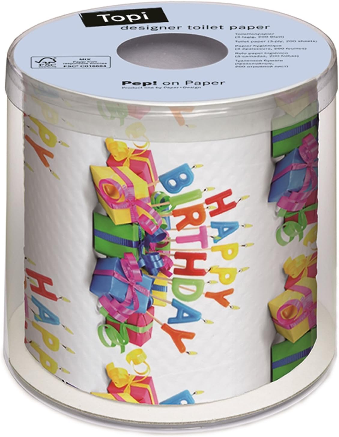Paper+Design Toilet Paper, 3-Ply, Multicolour, Happy Birthday Pattern, 200 Sheets/Roll (Pack of 1)