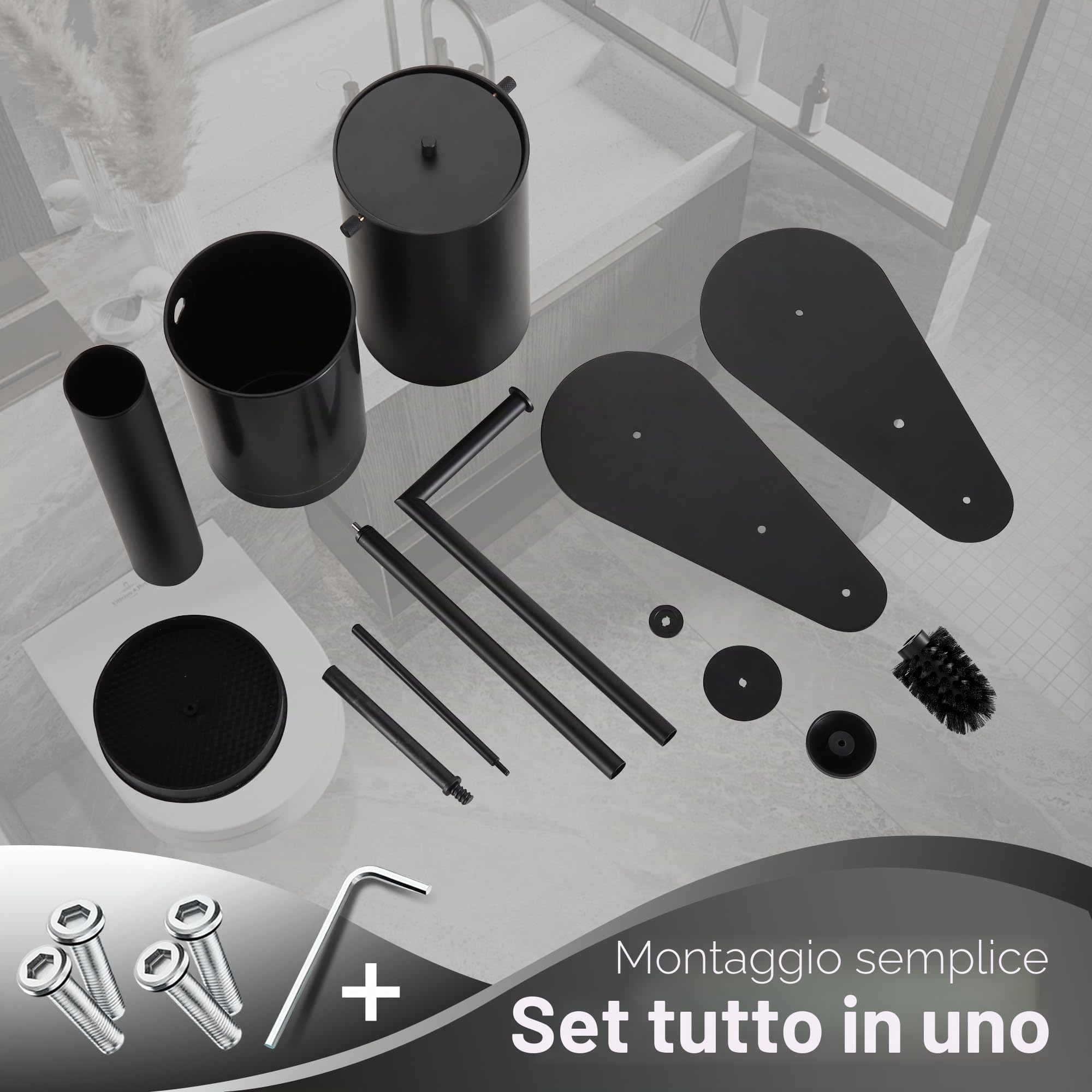 DAZI Portar carta igienica con scopino WC e pattumiera, Set 3-in-1 in acciaio inox, 2 testine di ricambio Silicone e PP, portarotolo e scopino ideale per Casa e WC degli Ospiti. (Nero opaco)