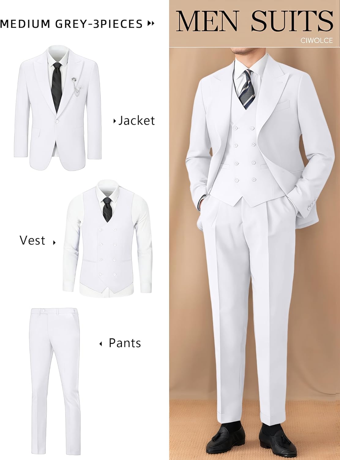 Suit for Men Wedding Slim Fit 3 Piece Set Blazer Jacket Vest Pants Tuxedo Suits for Groomsmen Business Prom Party Sport Coat