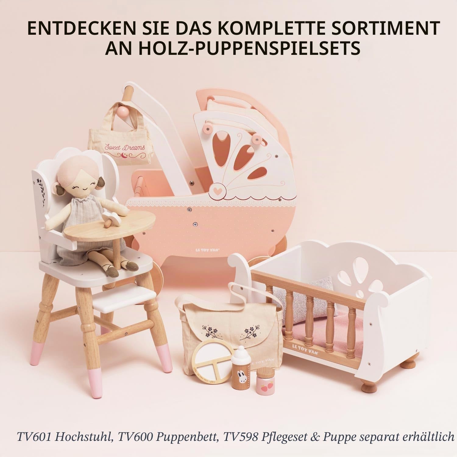 Le Toy Van – Pädagogisches Rollenspiel schöner Puppenkinderwagen „Süße Träume“ aus Holz | Für Mädchen & Jungen Rollenspiel Kinderwagen Spielset – Geeignet für Kinder ab 3 Jahren