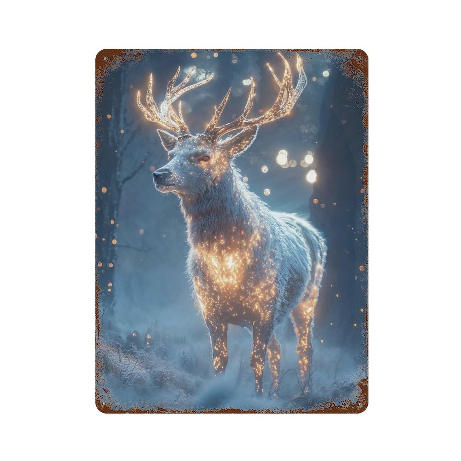 Retro Metal Sign with Glowing Deer in Winter Forest Design 15.7"x11.8", for Living Room, Hallway And Home Decor, Farmhouse Wall Decor