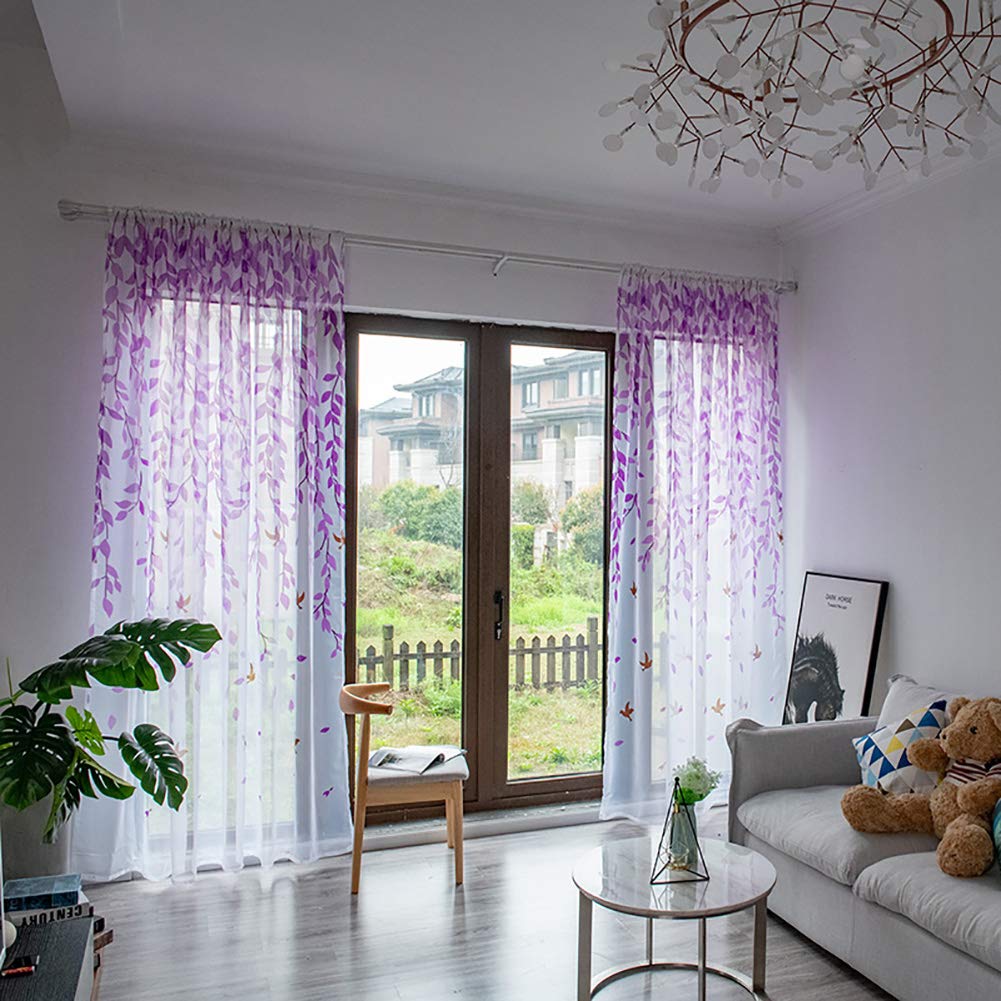 BOYOUTH Swallows and Willow Branches Printed Voile Sheer Curtains,Rod Pockets Window Drapes for Bedroom,Living Room,Purple,2 Panels,39 x 78 Inches - Image 2