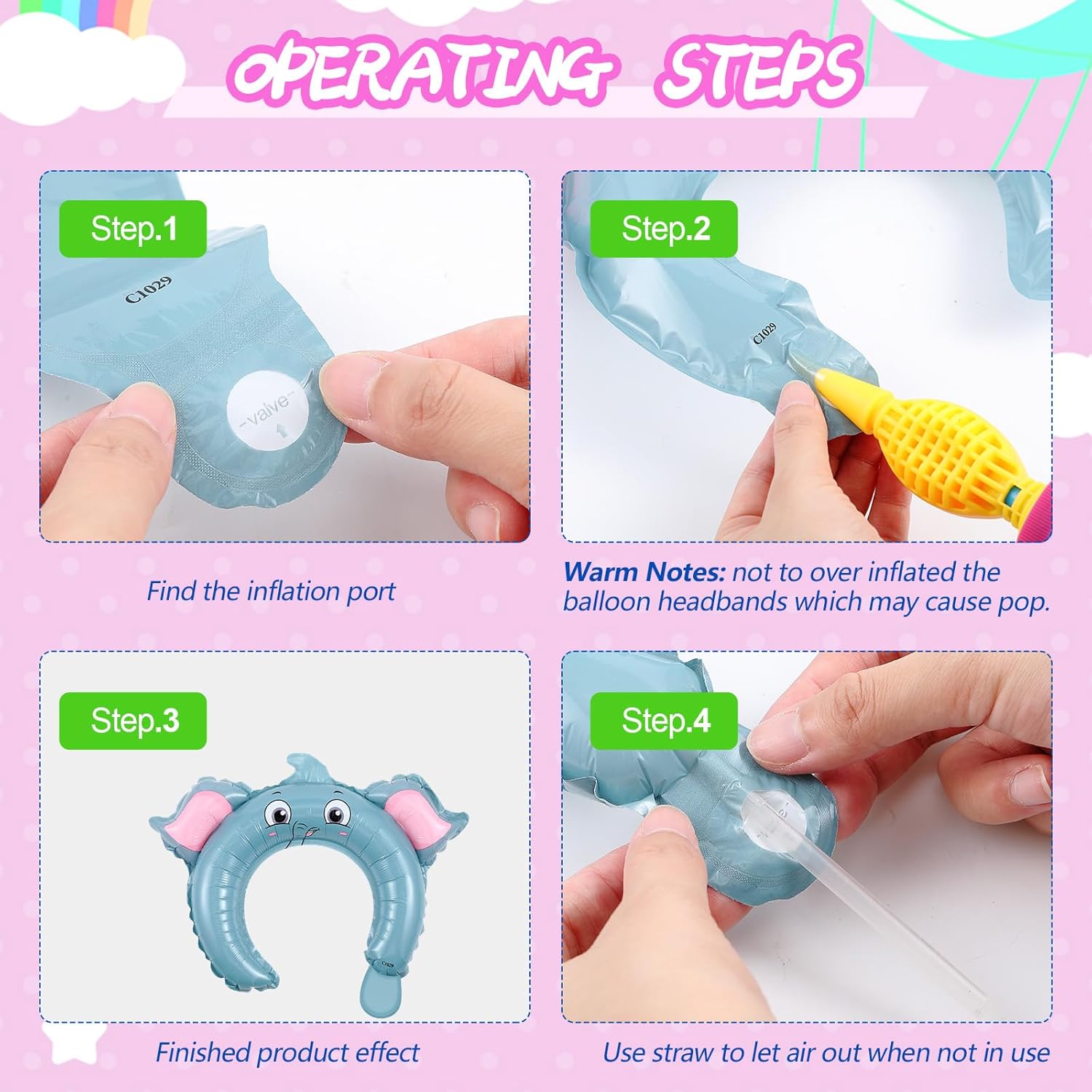 Liliful 200 Pcs Zoo Animal Inflatable Headbands Unicorn Wildlife Safari Balloon Hair Hoop Unicorn Balloon Kit with Pump Inflatable Jungle Animals for Birthday Party Favors Decorations
