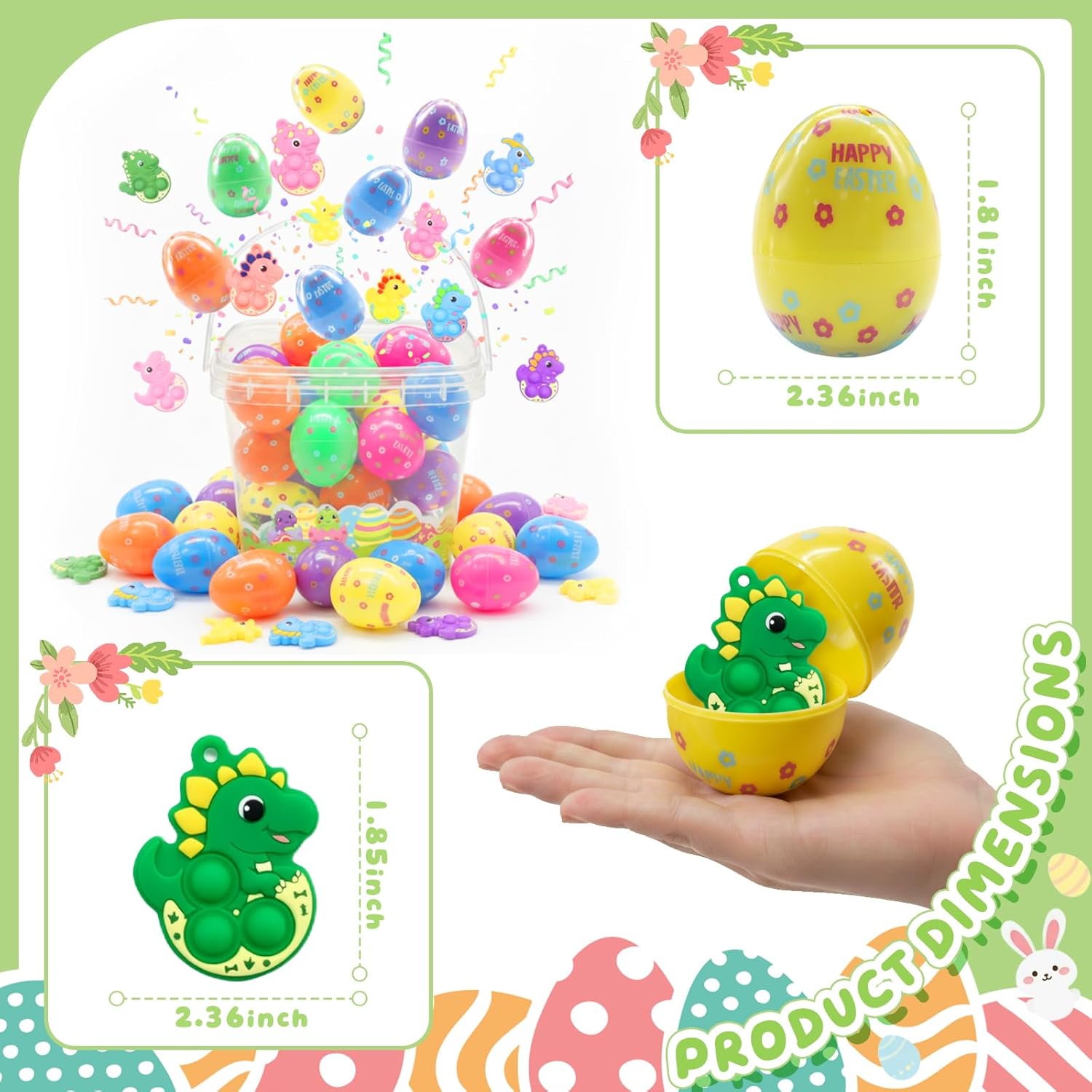 BicMan 36 Pack Prefilled Easter Eggs with Dinosaur Pop Fidget Toys, Easter Egg Hunt Basket Stuffers for Kids, Easter Classroom Party Favors Prizes