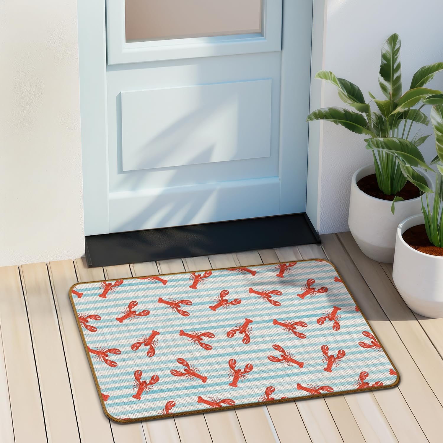 Coastal Beach Red Lobster Doormat, Blue Striped Ocean Crawfish Door Mat for Inside Outside Entrance Porch, Nautical Welcome Mats for Beach Room Bedroom House Cabin, 17x30 Inches